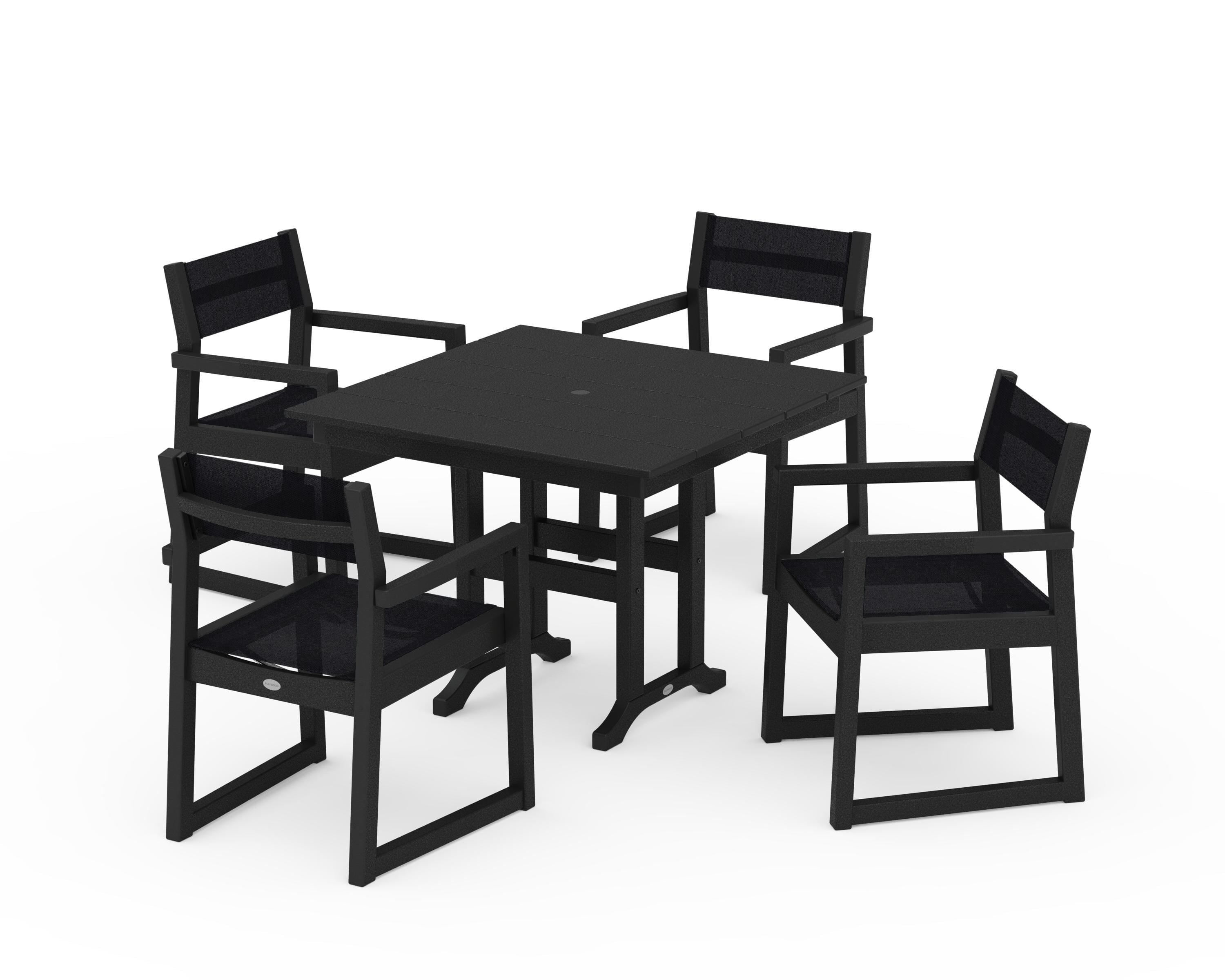 POLYWOOD® EDGE Sling Arm Chair 5-Piece Farmhouse Dining Set in Black / Black Sling