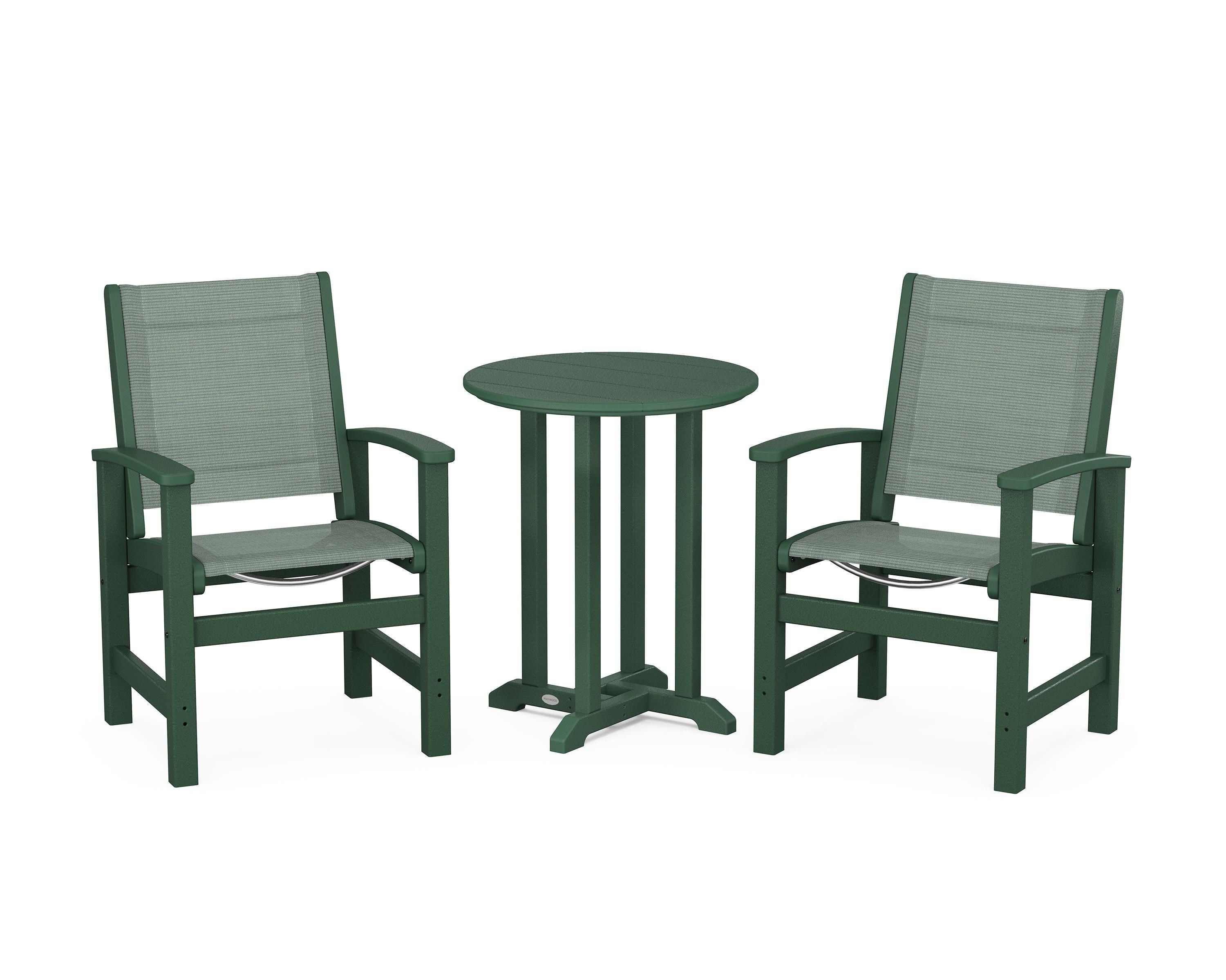 POLYWOOD® Coastal 3-Piece Round Bistro Dining Set in Green / Dupioni Sea Mist Sling