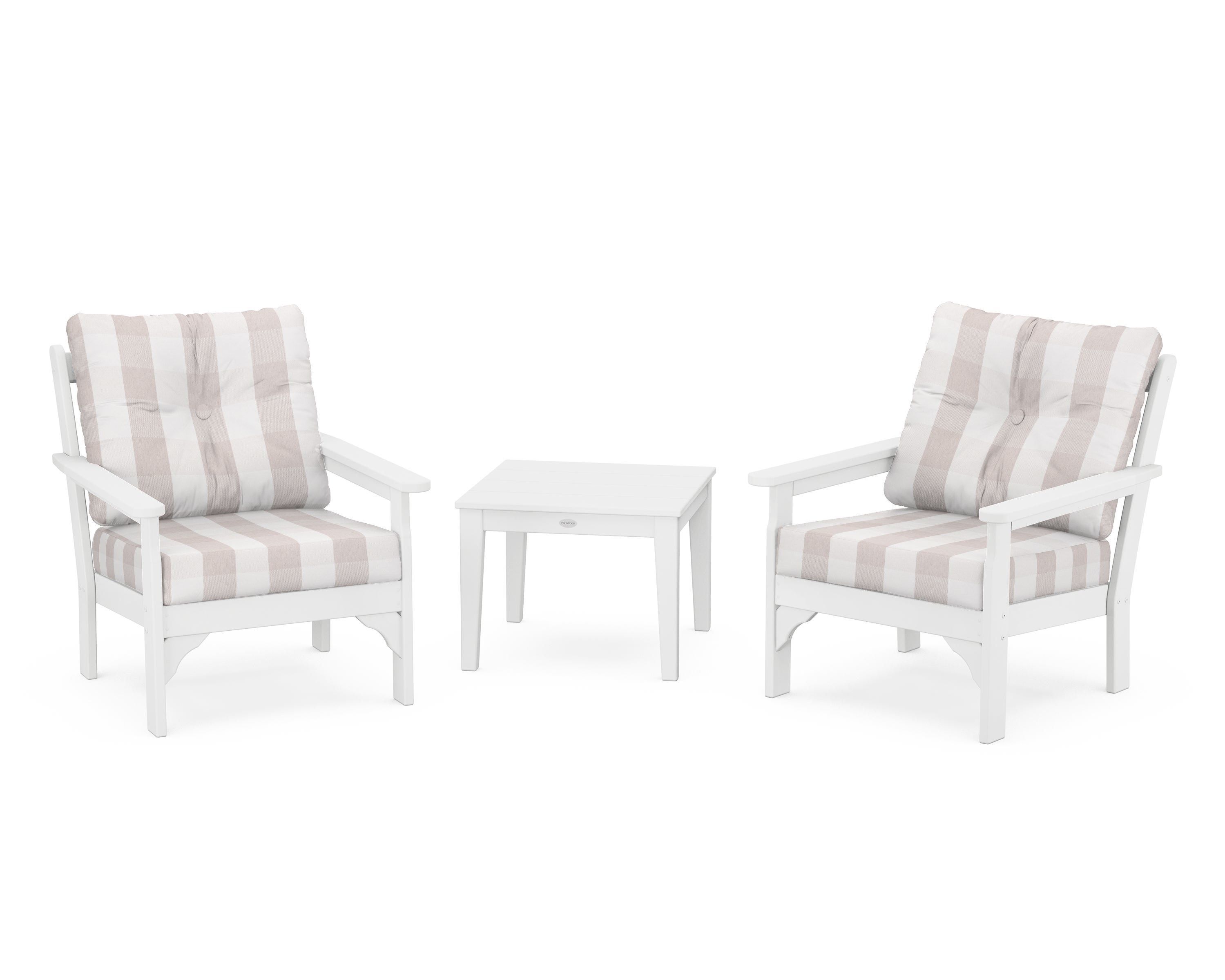 POLYWOOD® Vineyard 3-Piece Deep Seating Set in White / Buffalo Plaid Dune Burlap