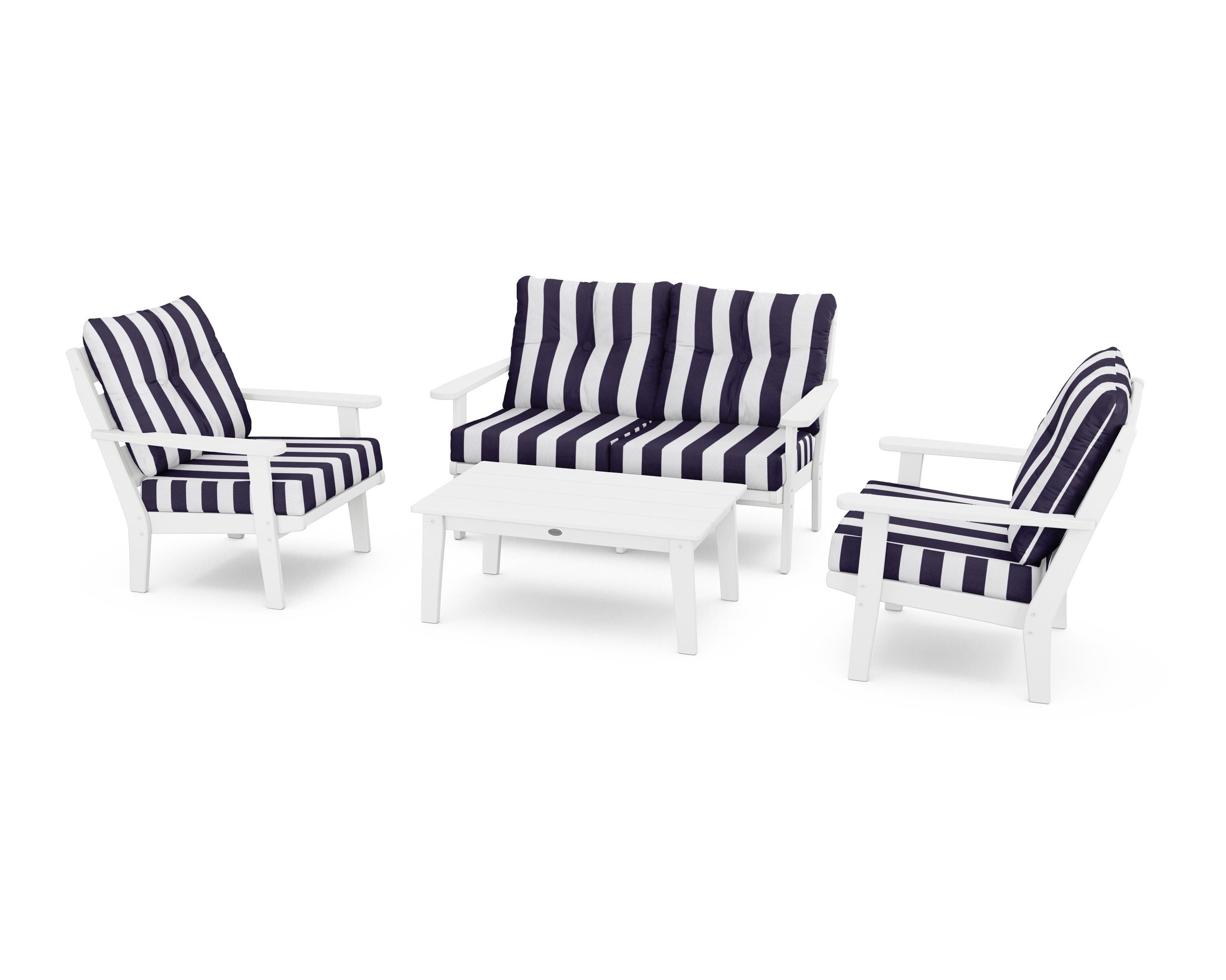 POLYWOOD® Lakeside 4-Piece Deep Seating Set in White / Cabana Stripe Navy