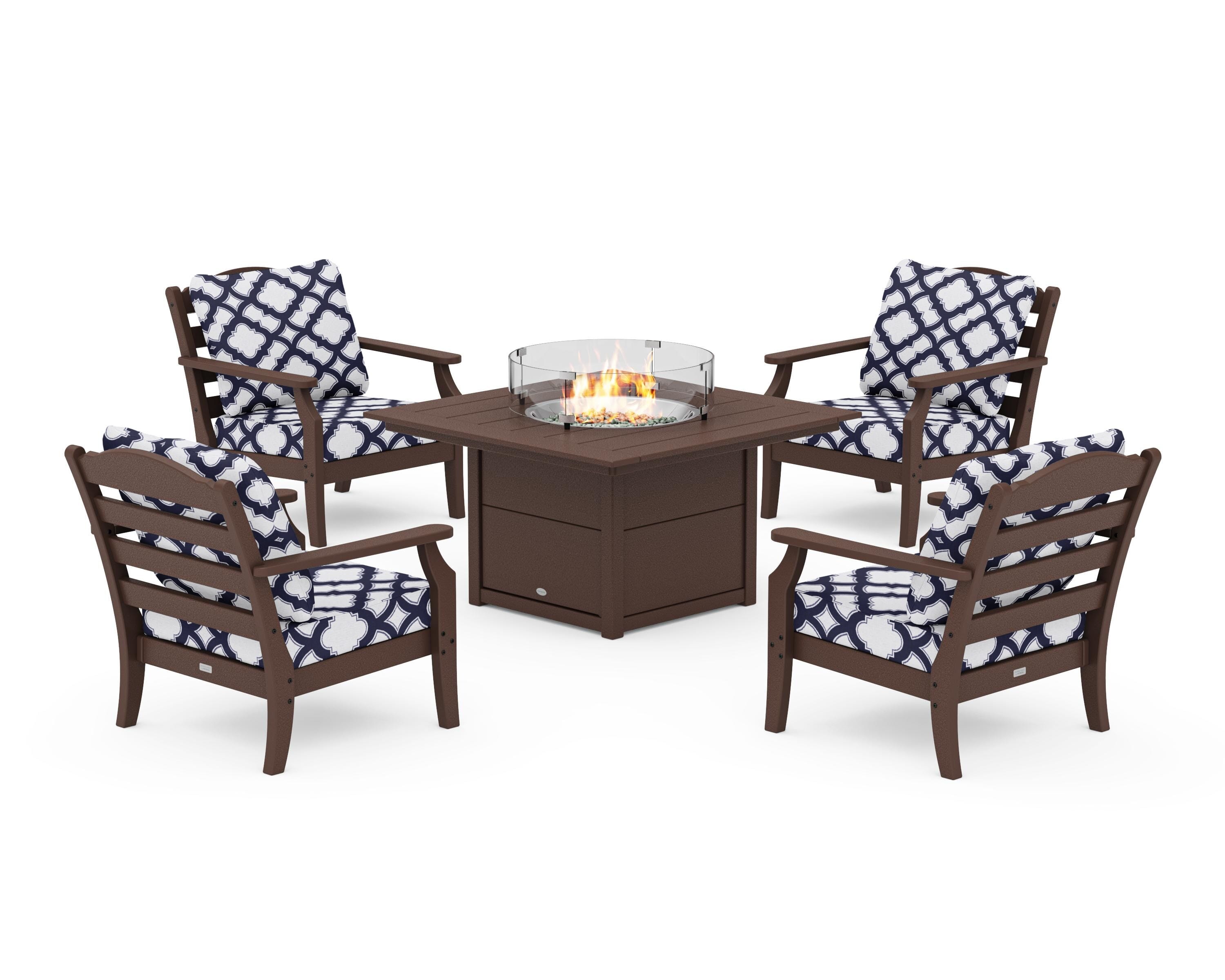 Draper James™ by POLYWOOD® Savannah 5-Piece Deep Seating Set with Fire Pit Table in Mahogany / Trellis Navy