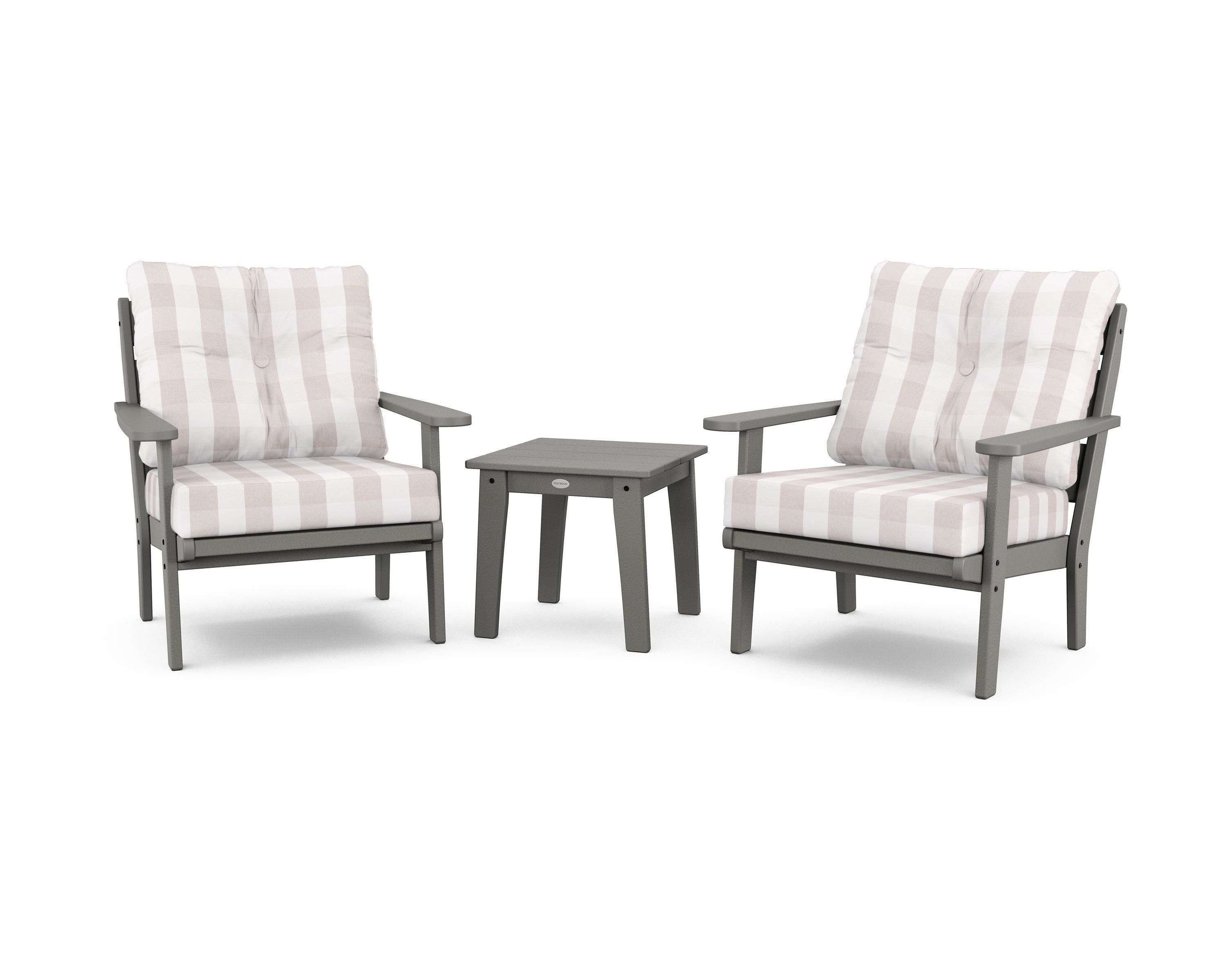 POLYWOOD® Lakeside 3-Piece Deep Seating Chair Set in Slate Grey / Buffalo Plaid Dune Burlap