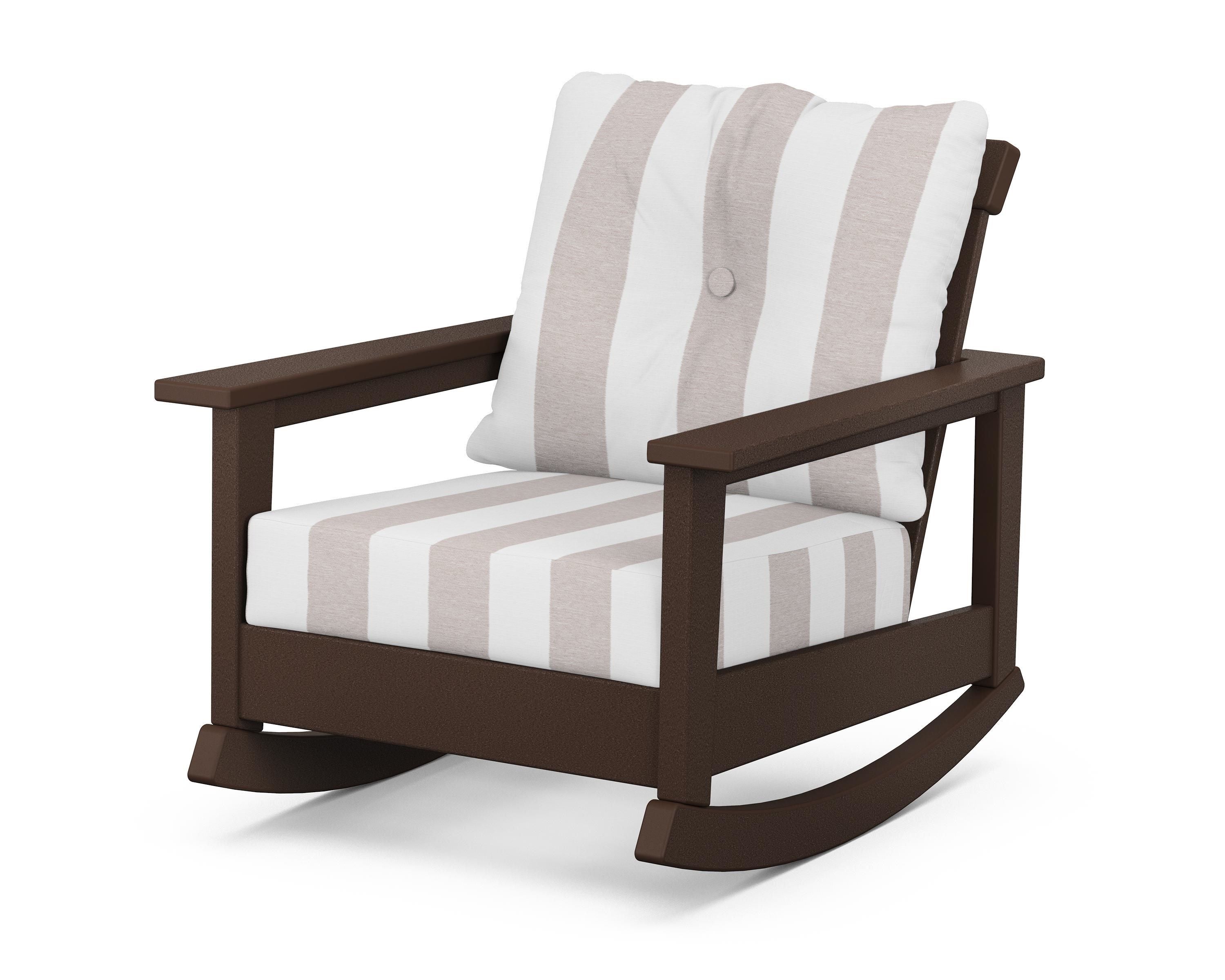 POLYWOOD® Prescott Deep Seating Rocking Chair in Mahogany / Cabana Stripe Dune Burlap