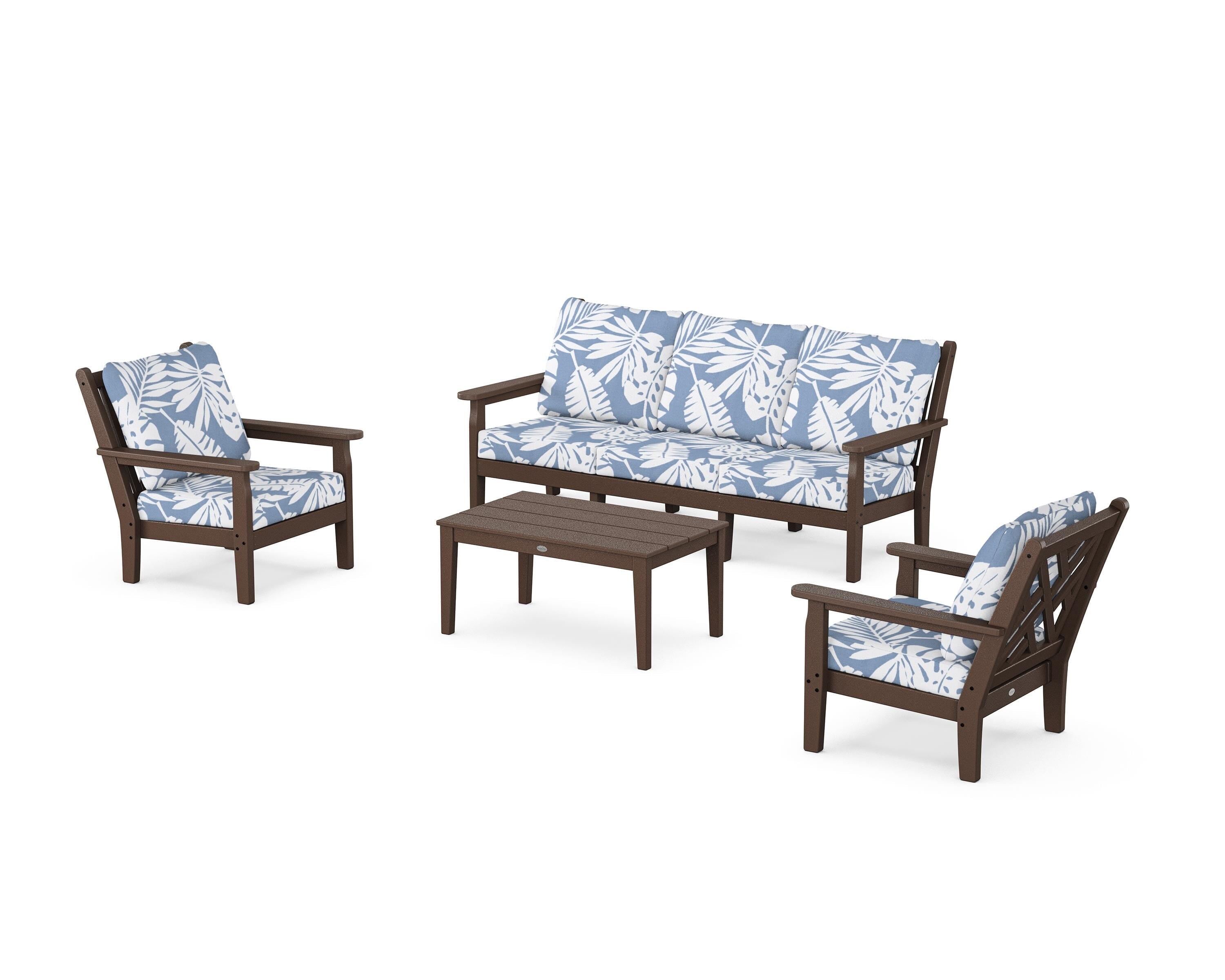 POLYWOOD® Chippendale 4-Piece Deep Seating Set with Sofa in Mahogany / Leaf Sky Blue