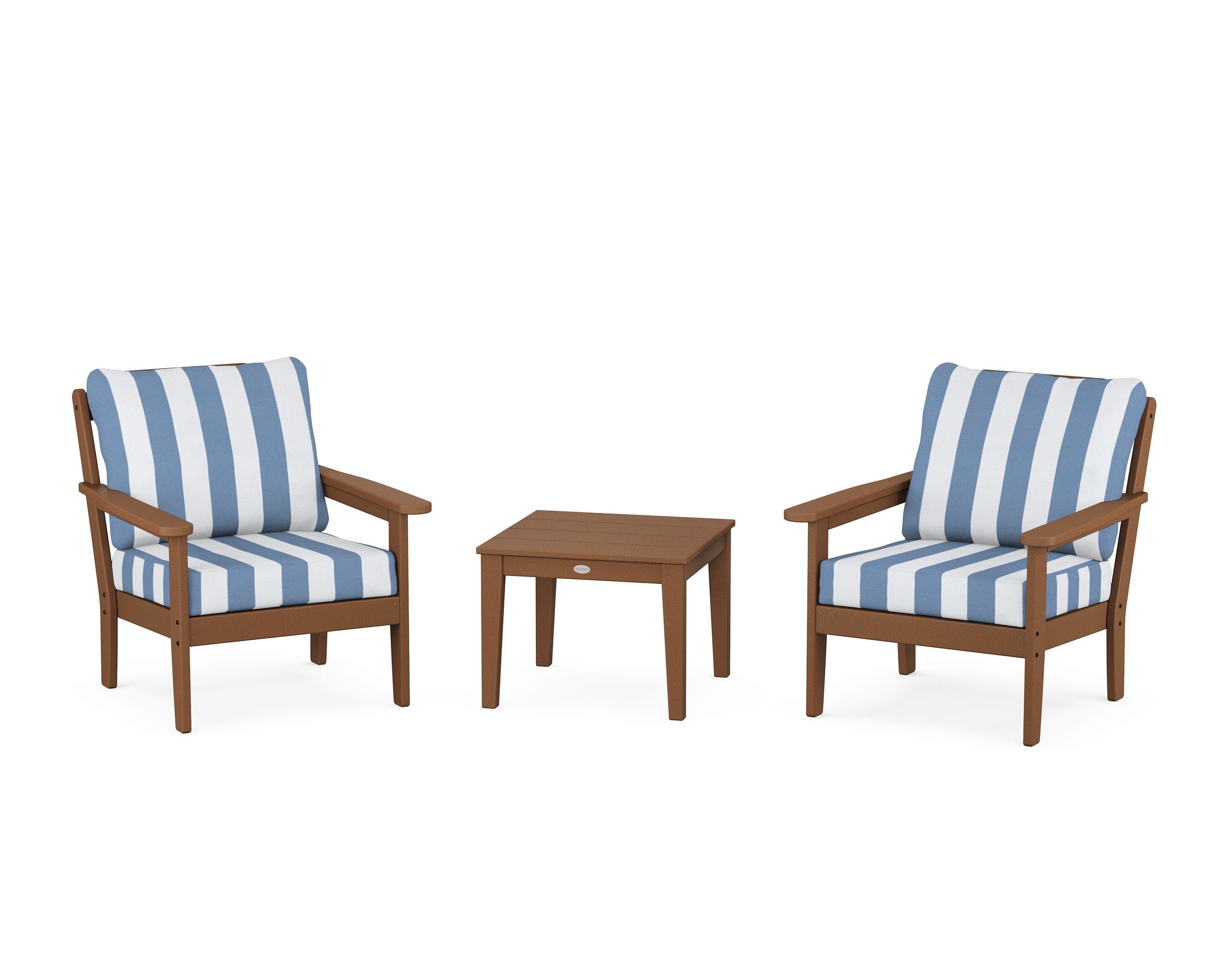 Country Living Cottage 3-Piece Deep Seating Set in Teak / Cabana Stripe Sky Blue