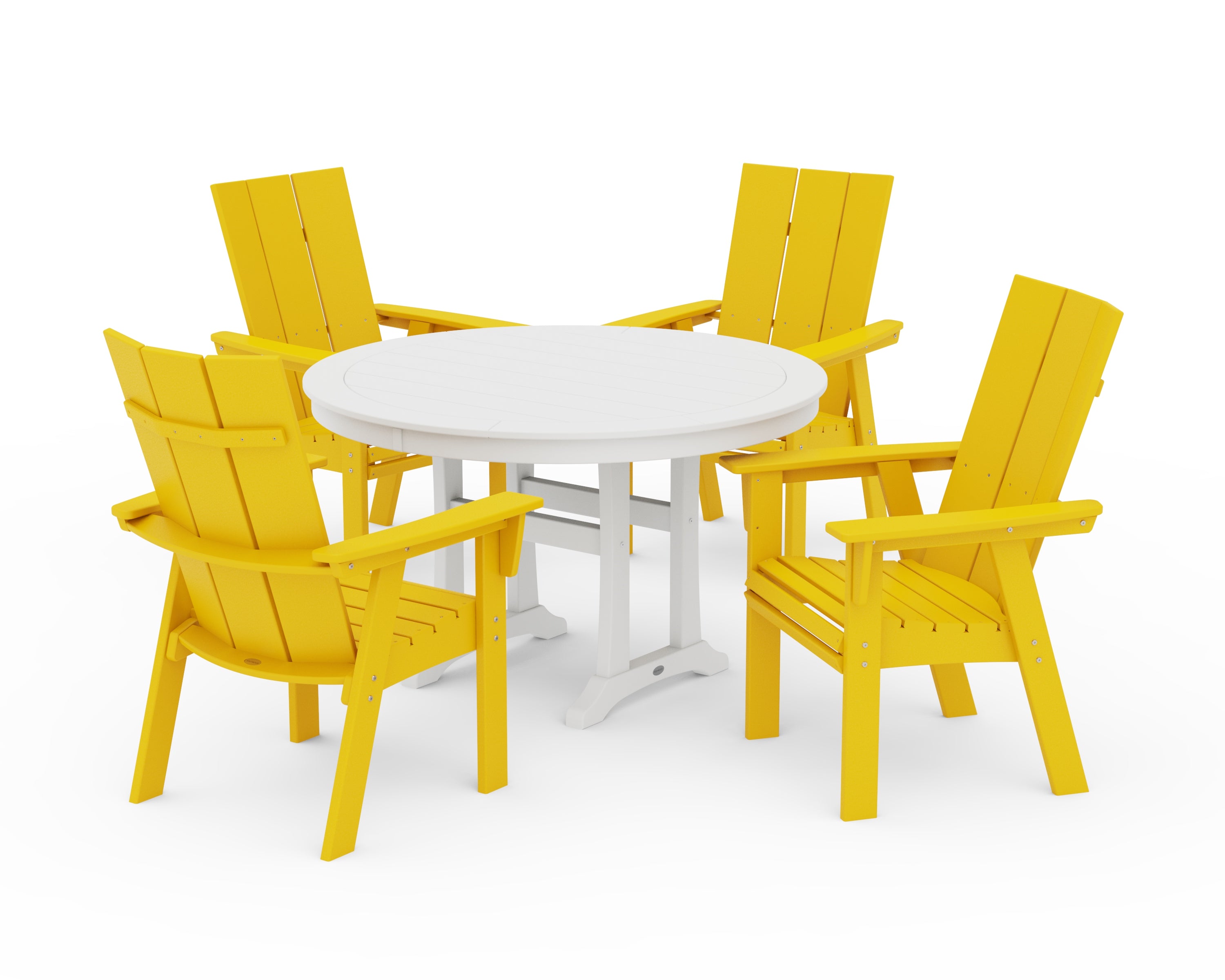 POLYWOOD® Modern Curveback Adirondack 5-Piece Nautical Trestle Dining Set in Lemon / White