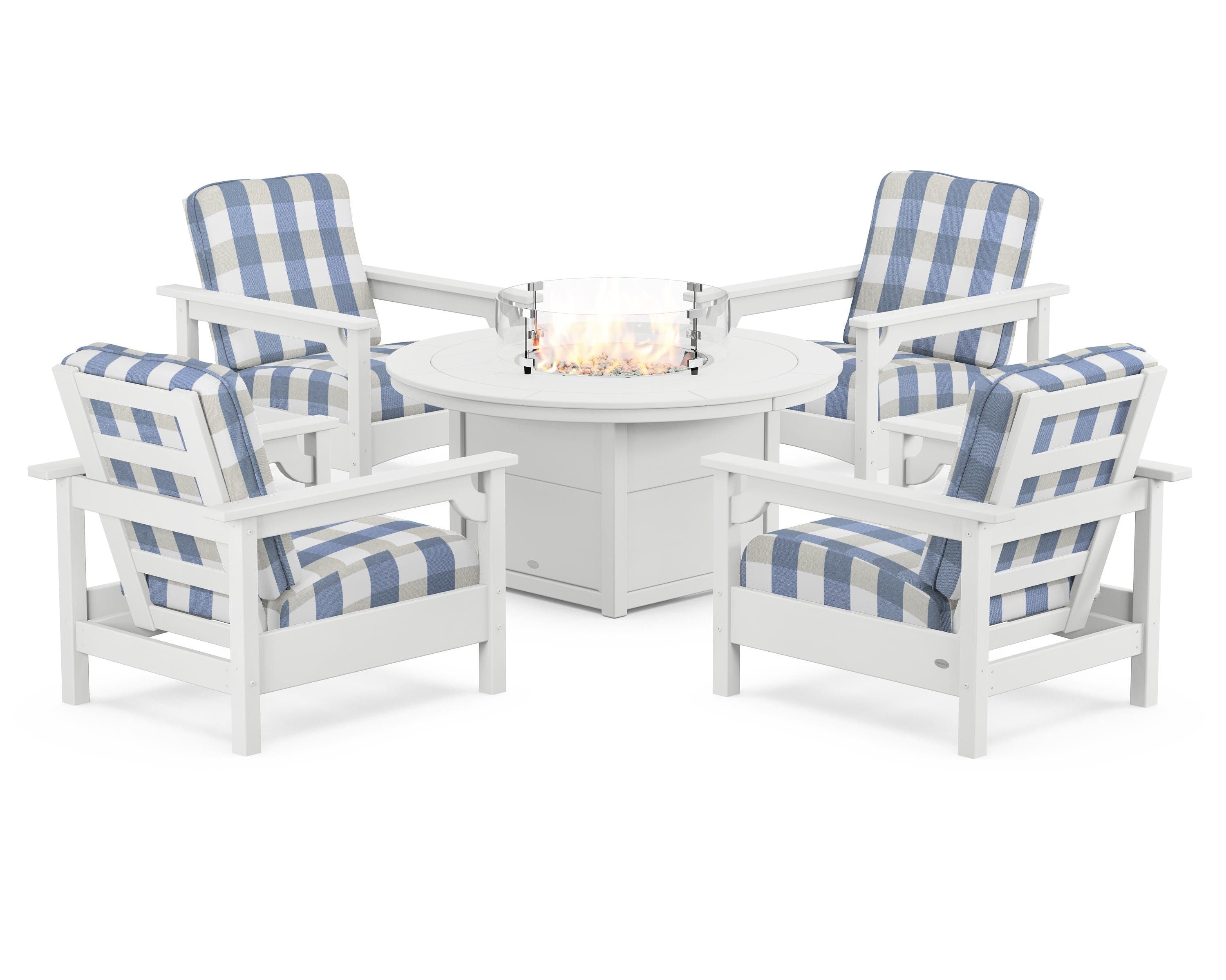POLYWOOD® Club 5-Piece Conversation Set with Fire Pit Table in White / Buffalo Plaid Sky Blue