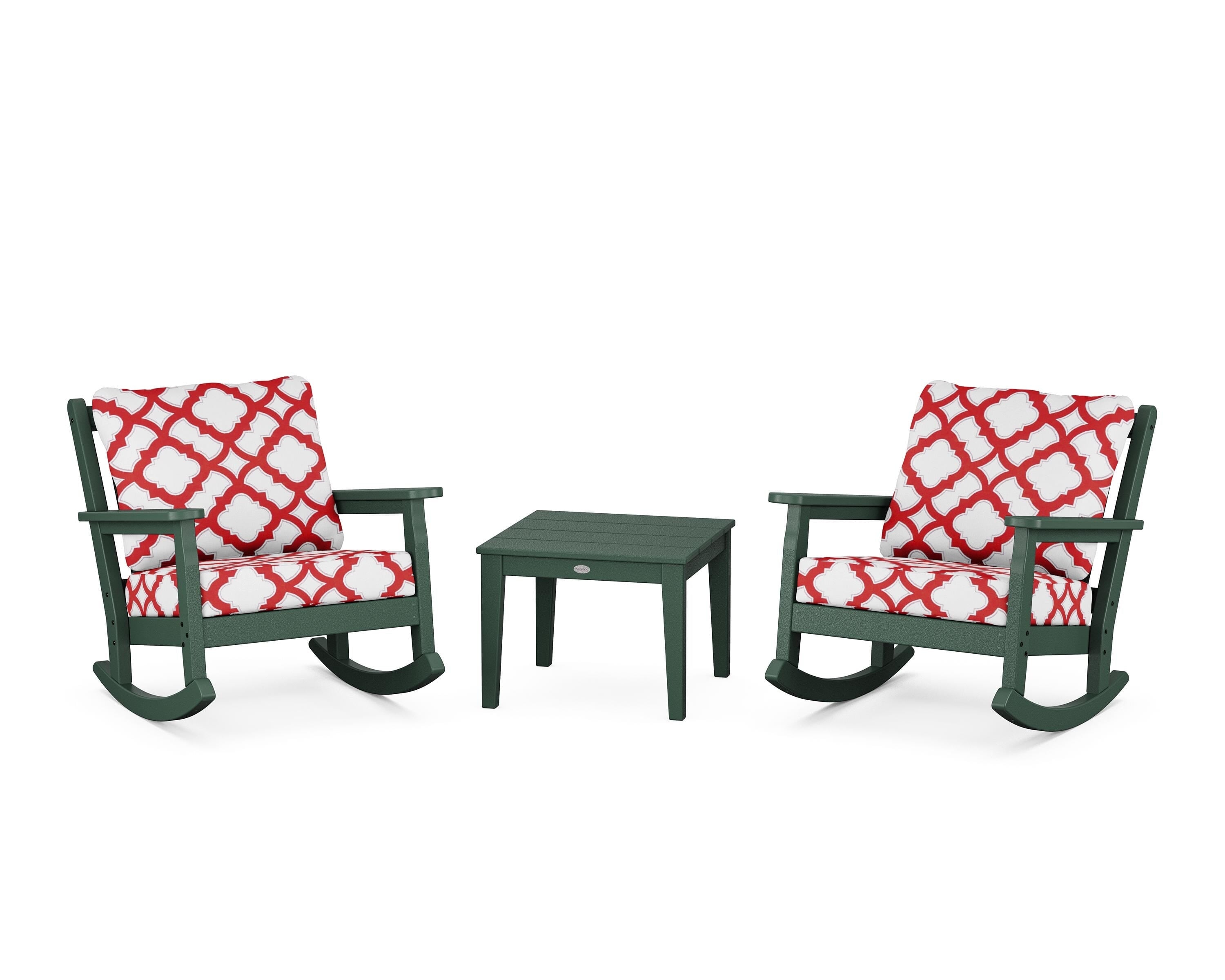 POLYWOOD® Chippendale 3-Piece Deep Seating Rocker Set in Green / Trellis Crimson