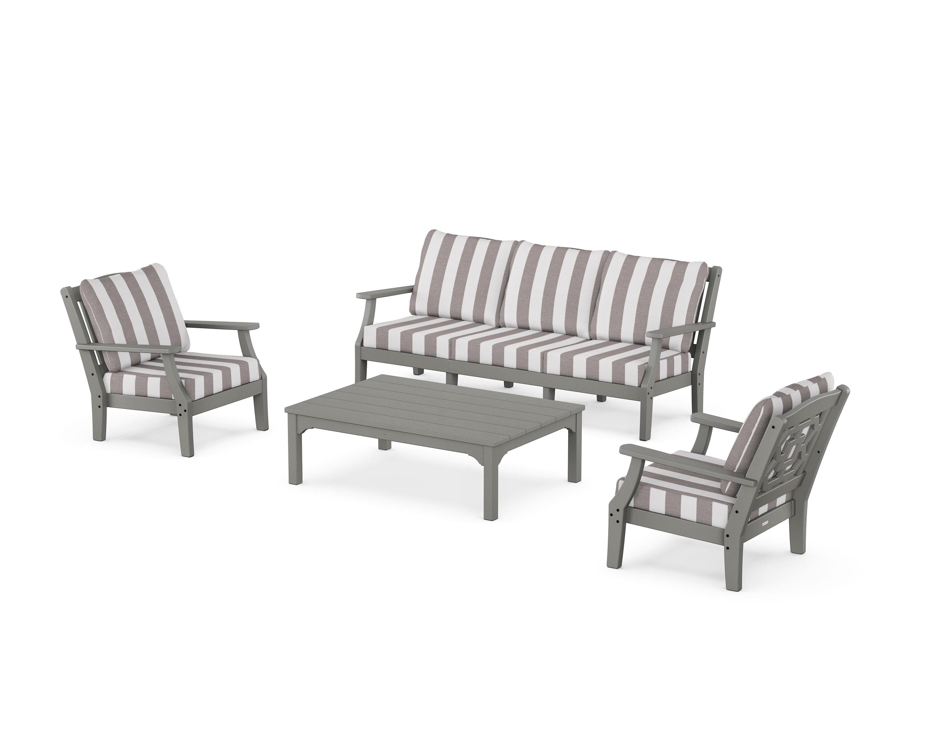 Martha Stewart by POLYWOOD® Chinoiserie 4-Piece Deep Seating Set with Sofa in Slate Grey / Cabana Stripe Grey Mist