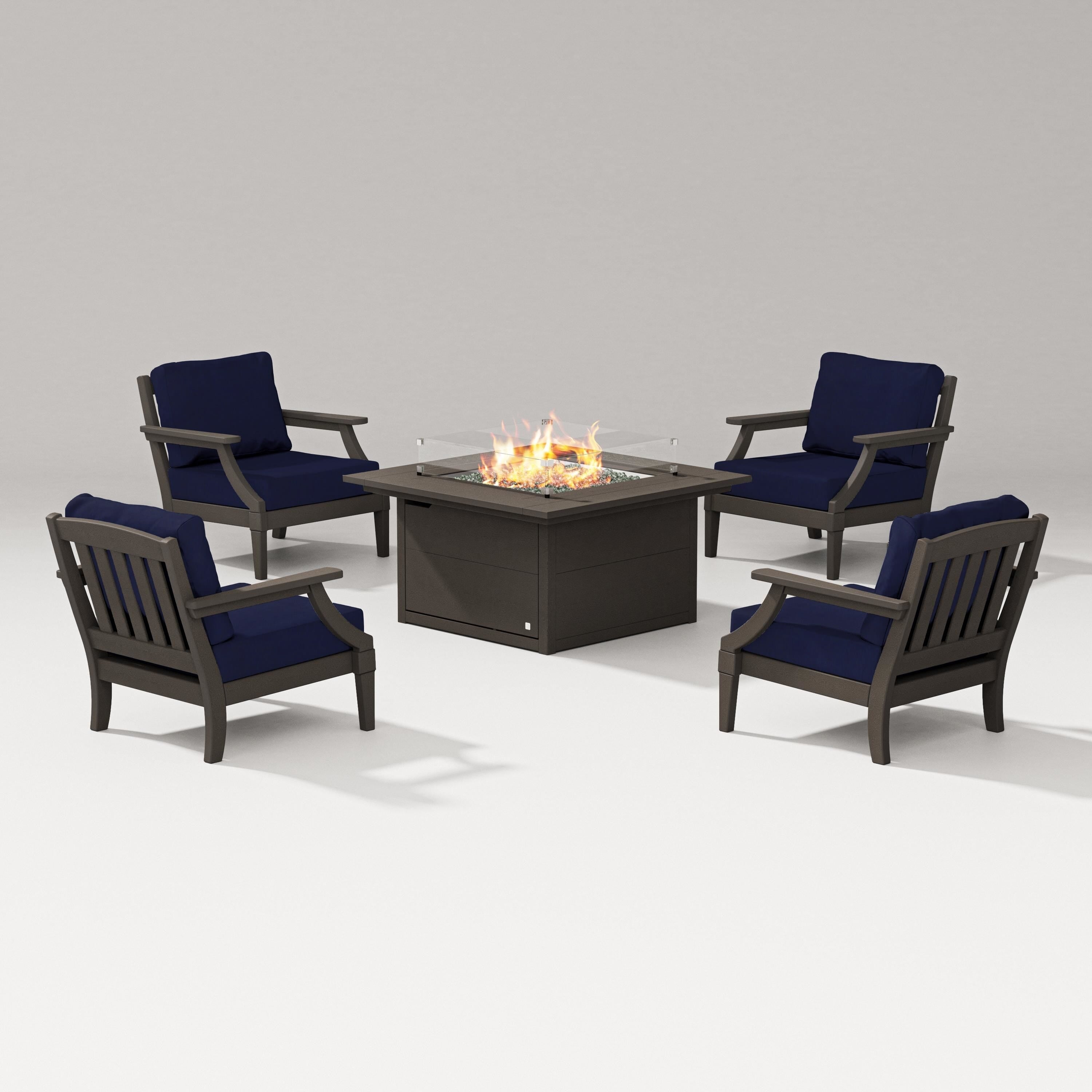PW Designer Series Estate 5-Piece Lounge Fire Table Set in Vintage Coffee / Navy
