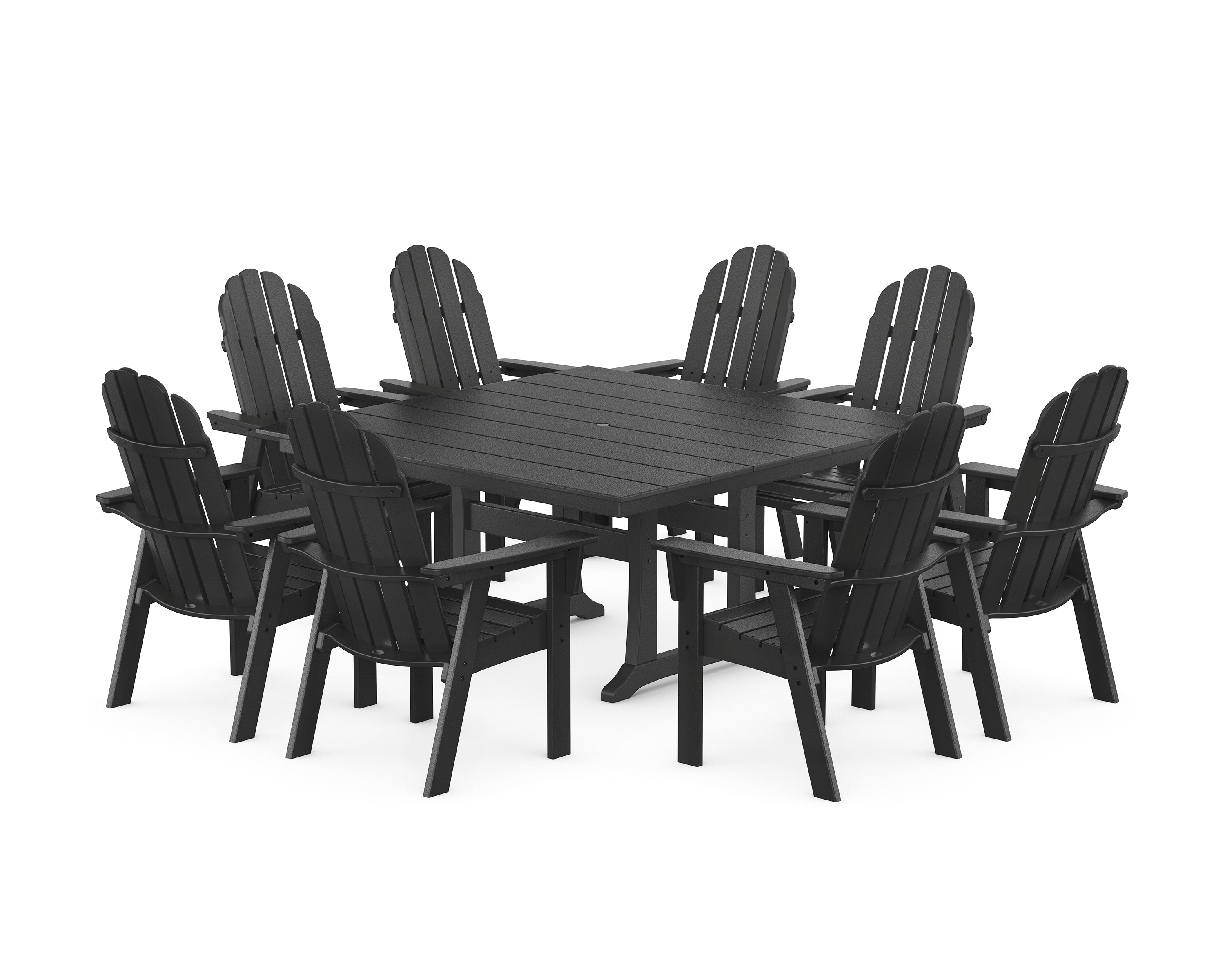 POLYWOOD® Vineyard Curveback Adirondack 9-Piece Square Farmhouse Dining Set with Trestle Legs in Black