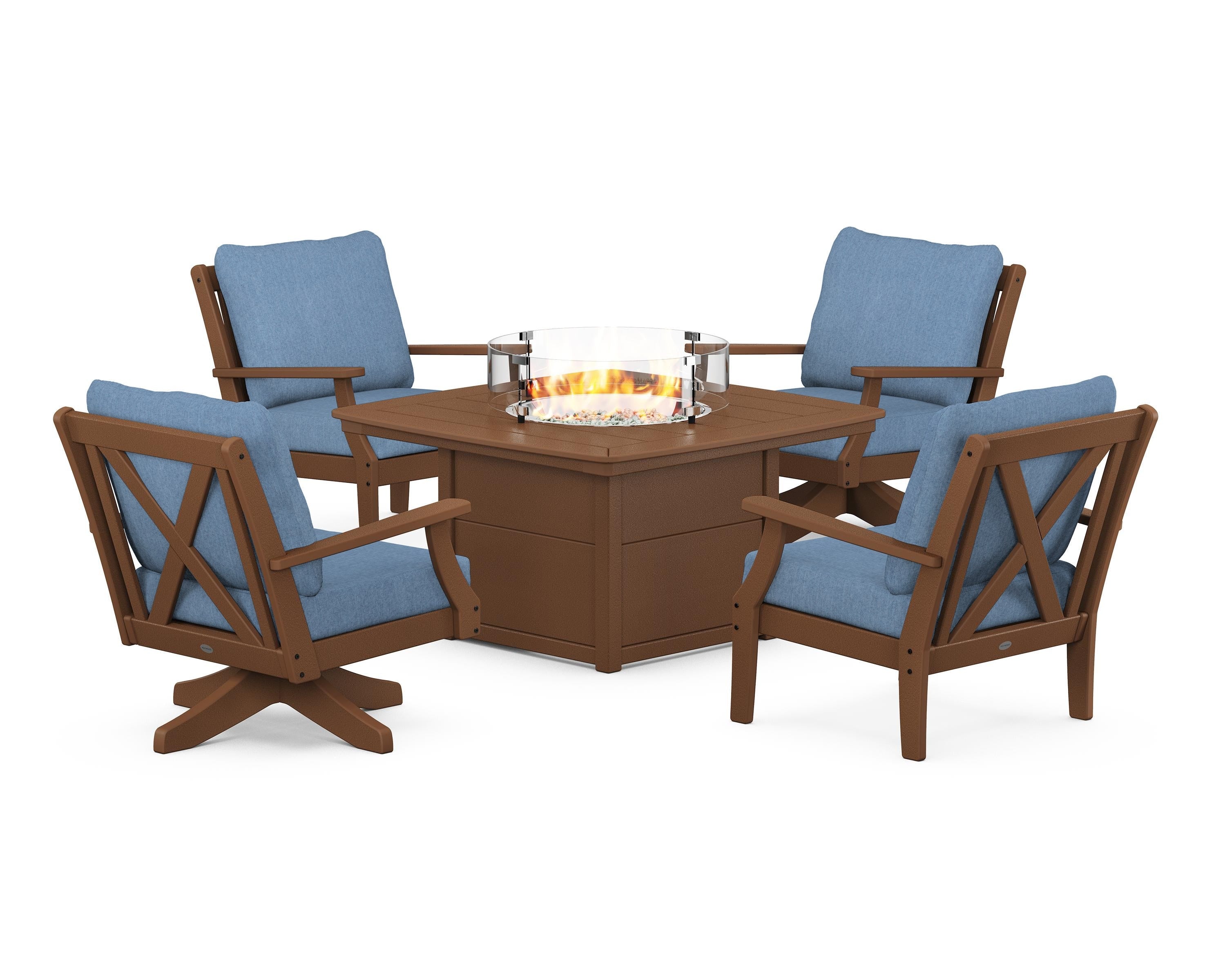POLYWOOD® Braxton 5-Piece Deep Seating Set with Fire Table in Teak / Sky Blue