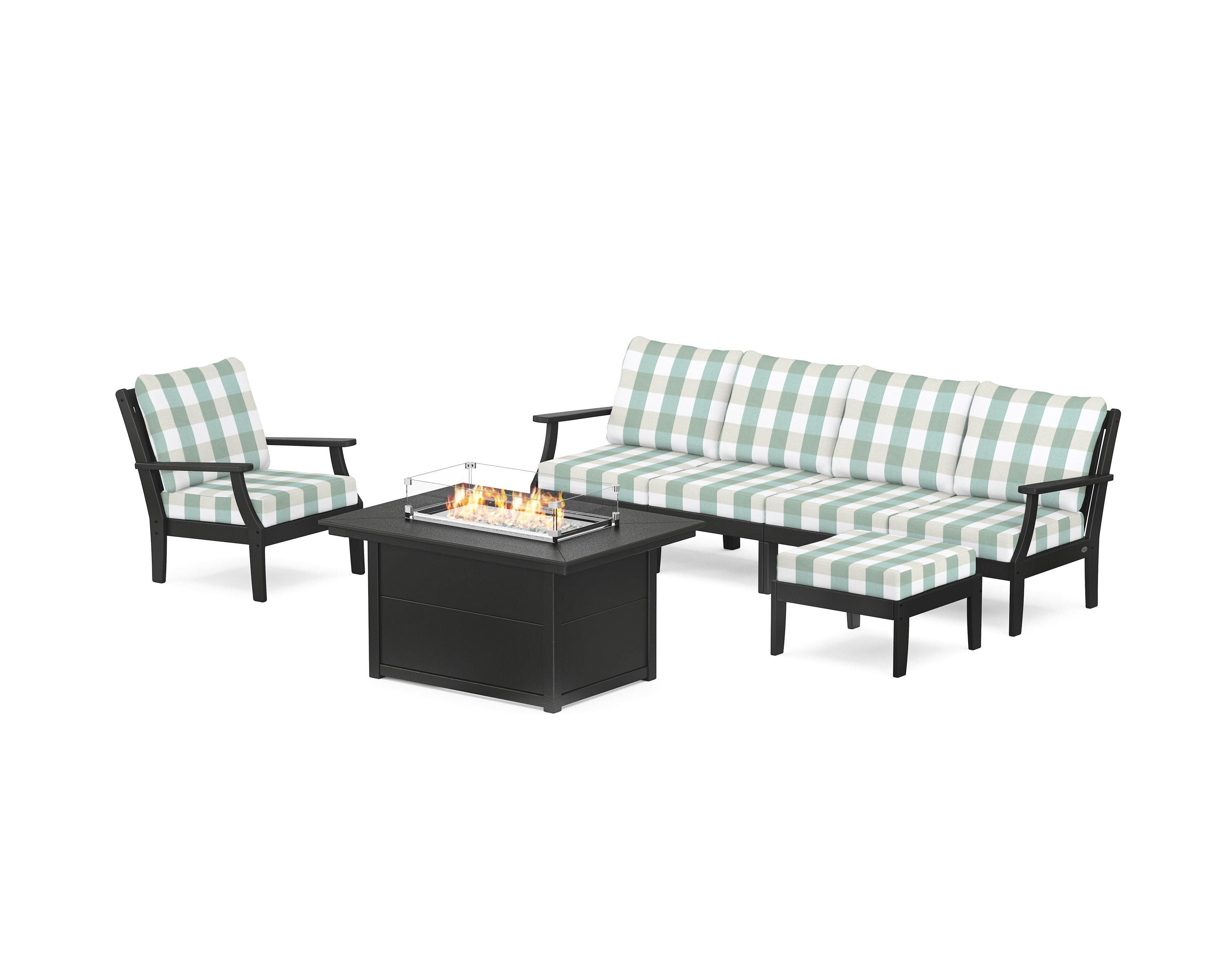 POLYWOOD® Braxton Sectional Lounge and Fire Pit Set in Black / Buffalo Plaid Glacier Spa