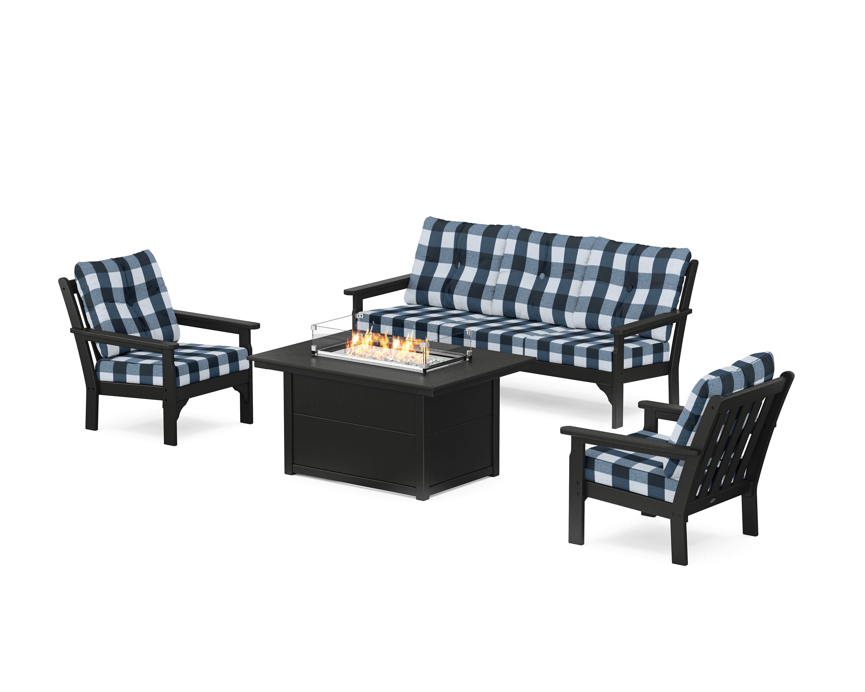POLYWOOD® Vineyard Deep Seating Fire Pit Table Set in Black / Buffalo Plaid Marine Indigo