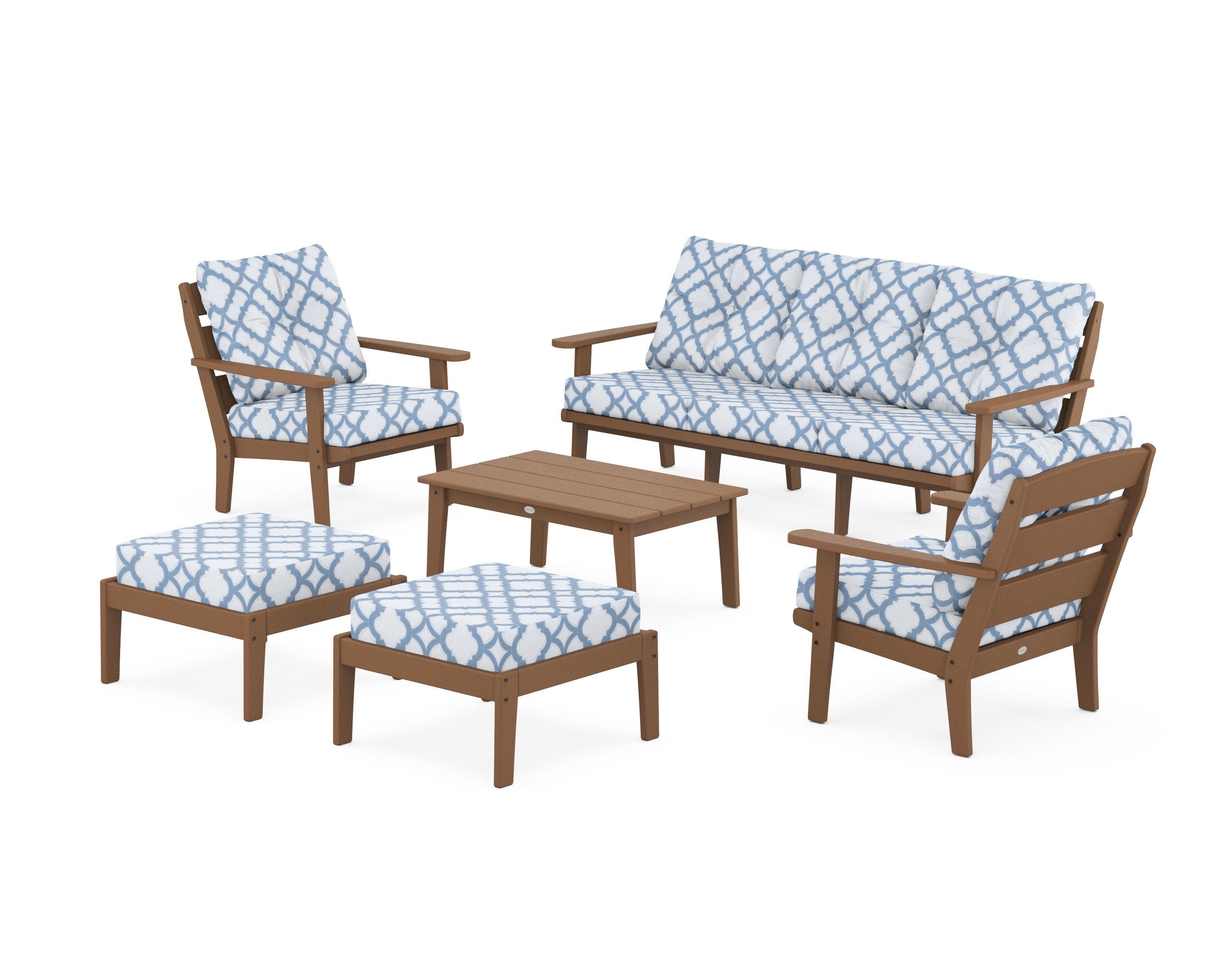 POLYWOOD® Lakeside 6-Piece Lounge Sofa Set in Teak / Trellis Sky Blue