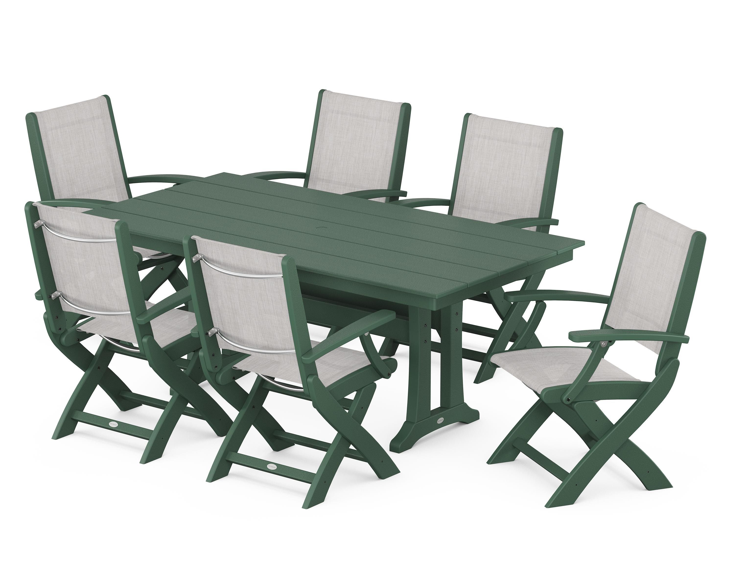 POLYWOOD® Coastal Folding Arm Chair 7-Piece Farmhouse Dining Set with Trestle Legs in Green / Parchment Sling