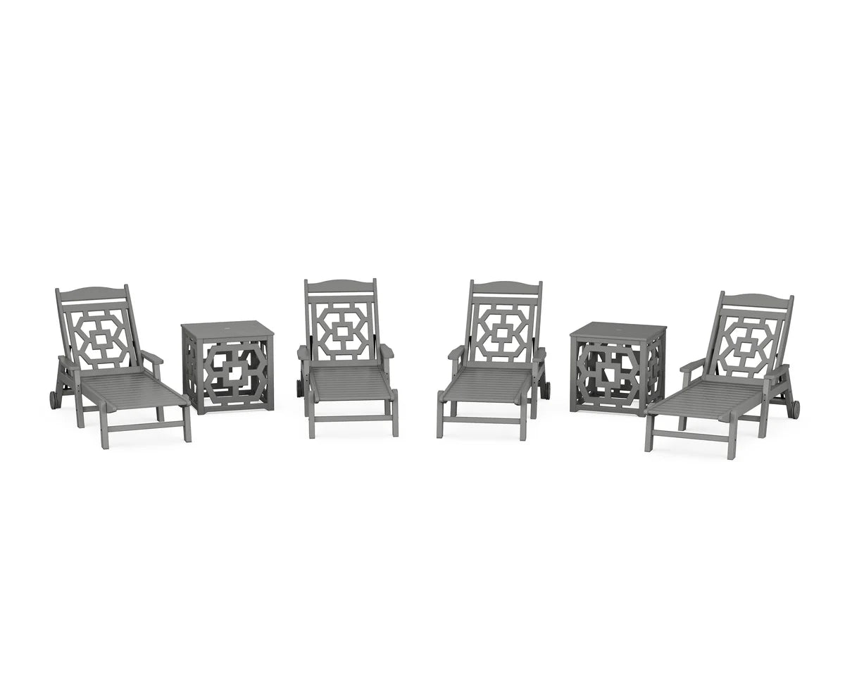 Chinoiserie 6-Piece Chaise Set with Umbrella Stand Accent Table