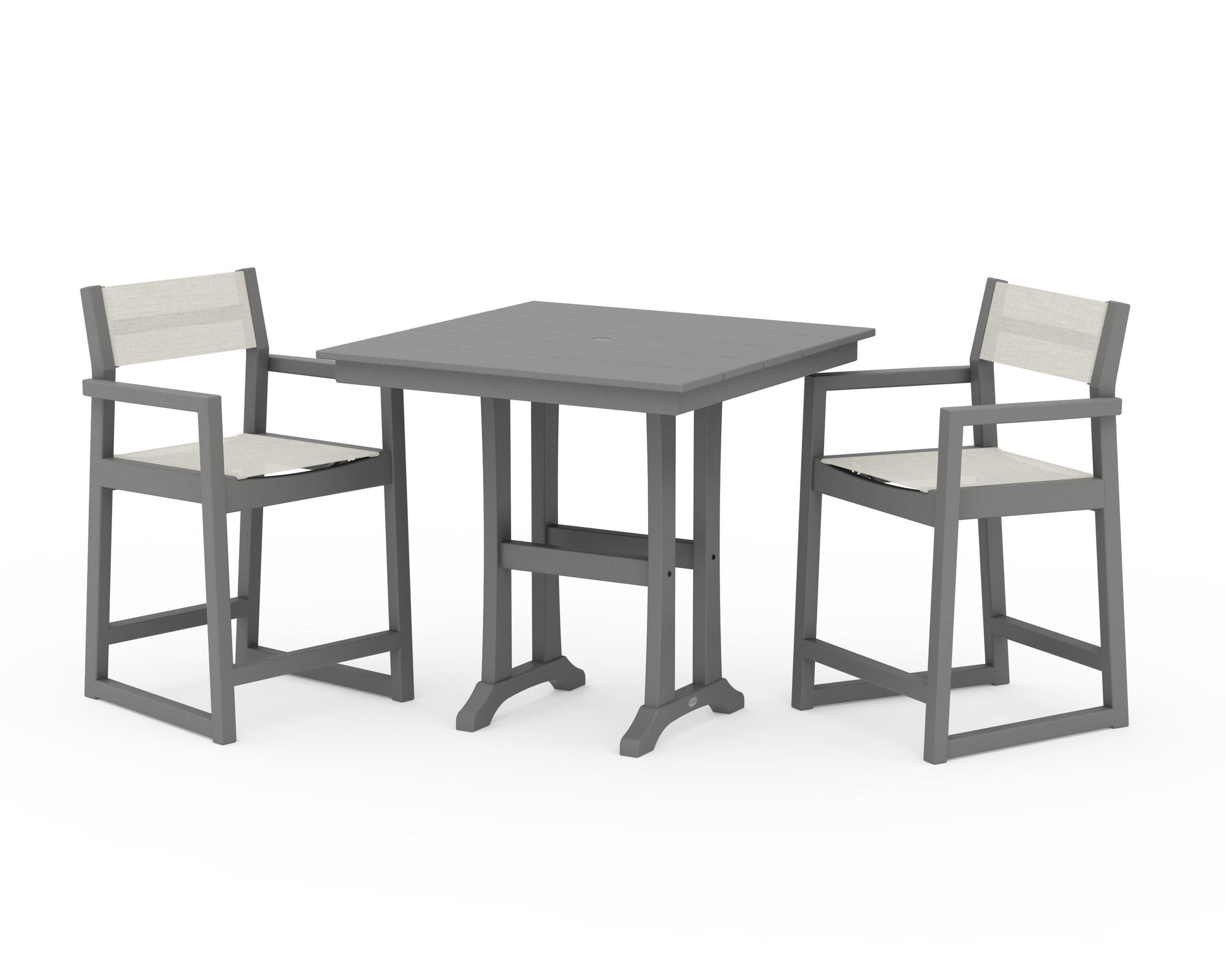 POLYWOOD® EDGE Sling Arm Chair 3-Piece Farmhouse Counter Set with Trestle Legs in Slate Grey / Parchment Sling