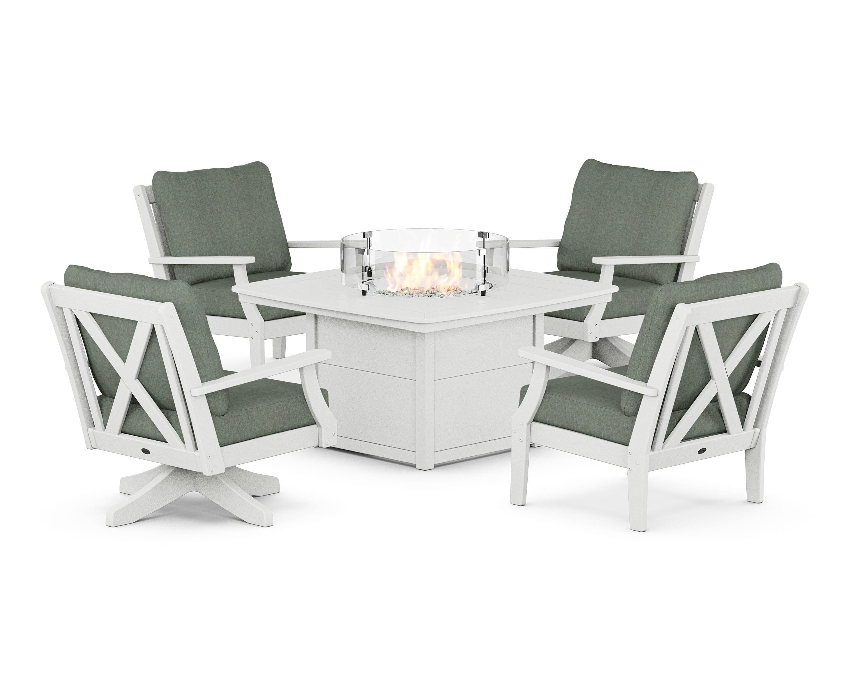 POLYWOOD® Braxton 5-Piece Deep Seating Set with Fire Table in Vintage White / Cast Sage