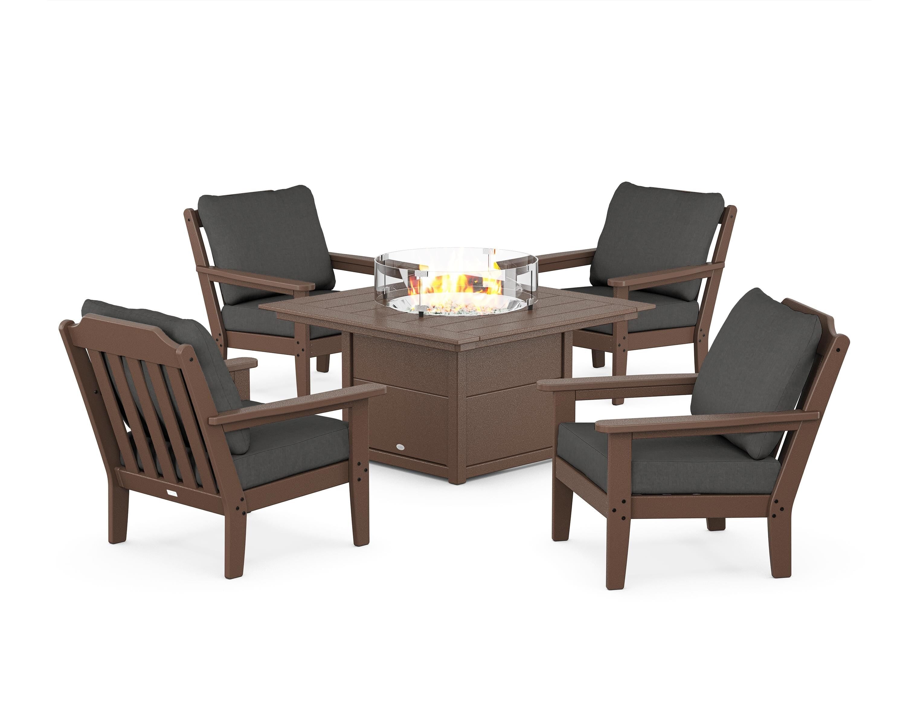 Country Living Cottage 5-Piece Deep Seating Set with Fire Pit Table in Mahogany / Spectrum Carbon