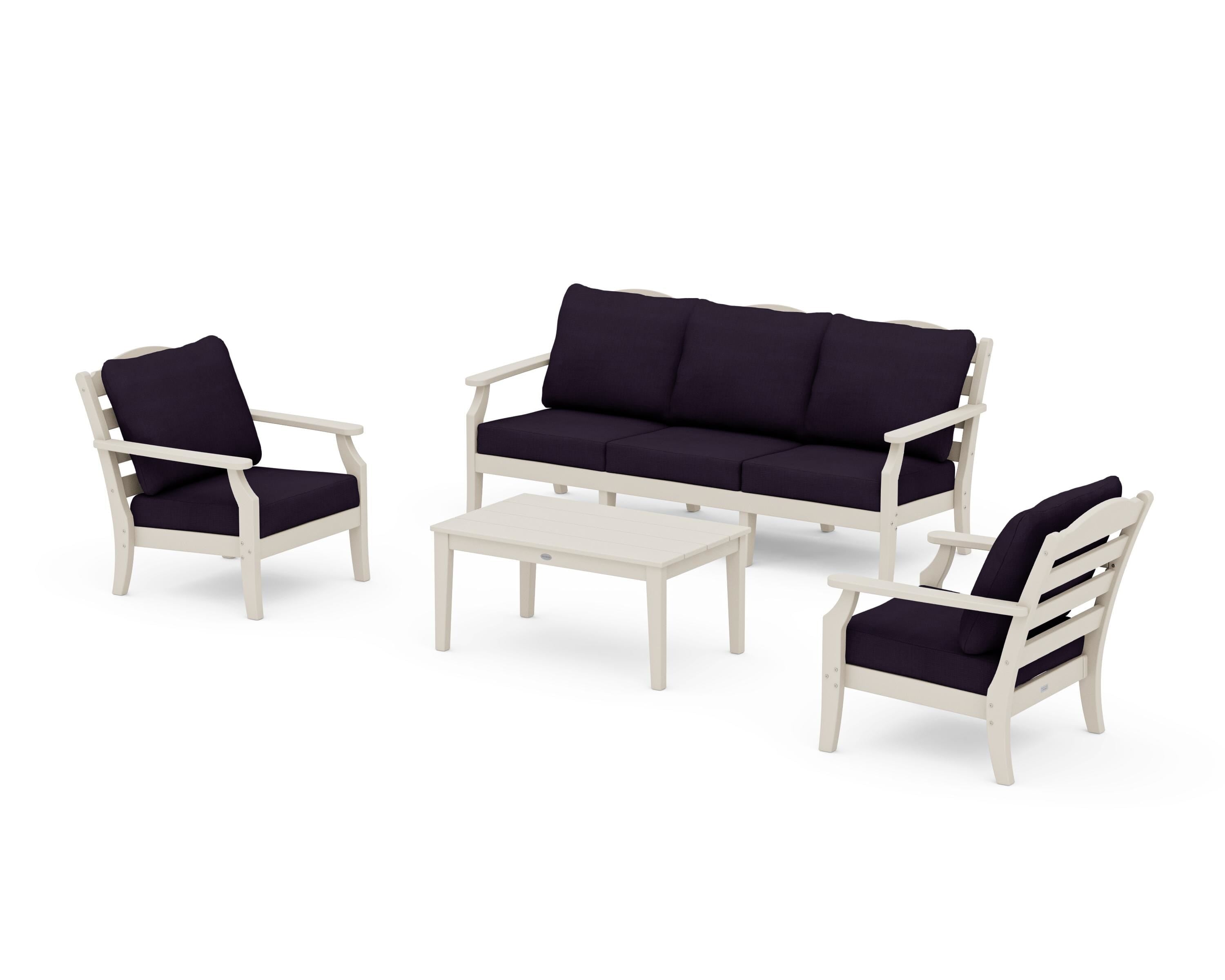 Draper James™ by POLYWOOD® Savannah 4-Piece Deep Seating Set with Sofa in Sand / Navy Linen