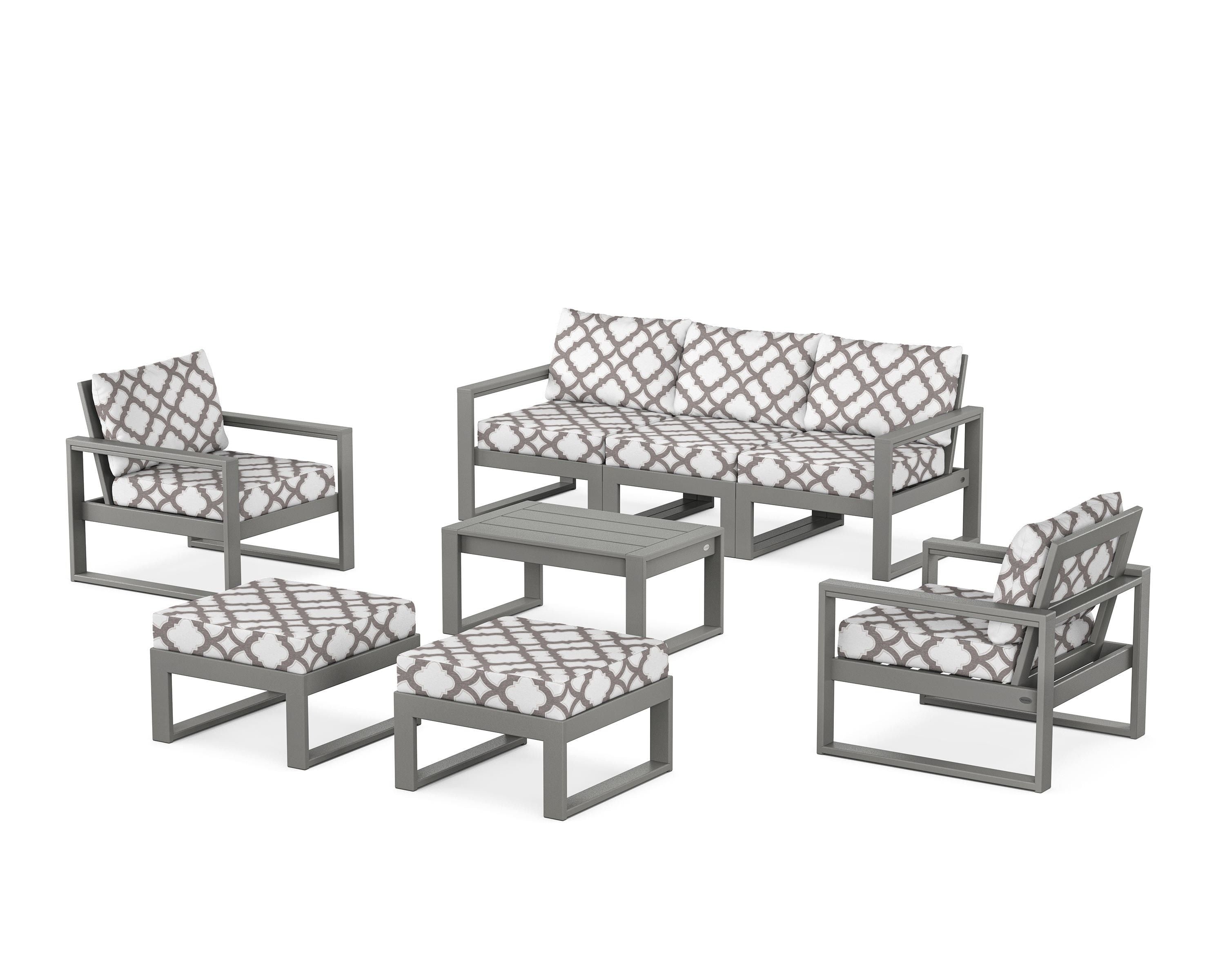POLYWOOD® EDGE Sectional 8-Piece Lounge Sofa Set in Slate Grey / Trellis Grey Mist