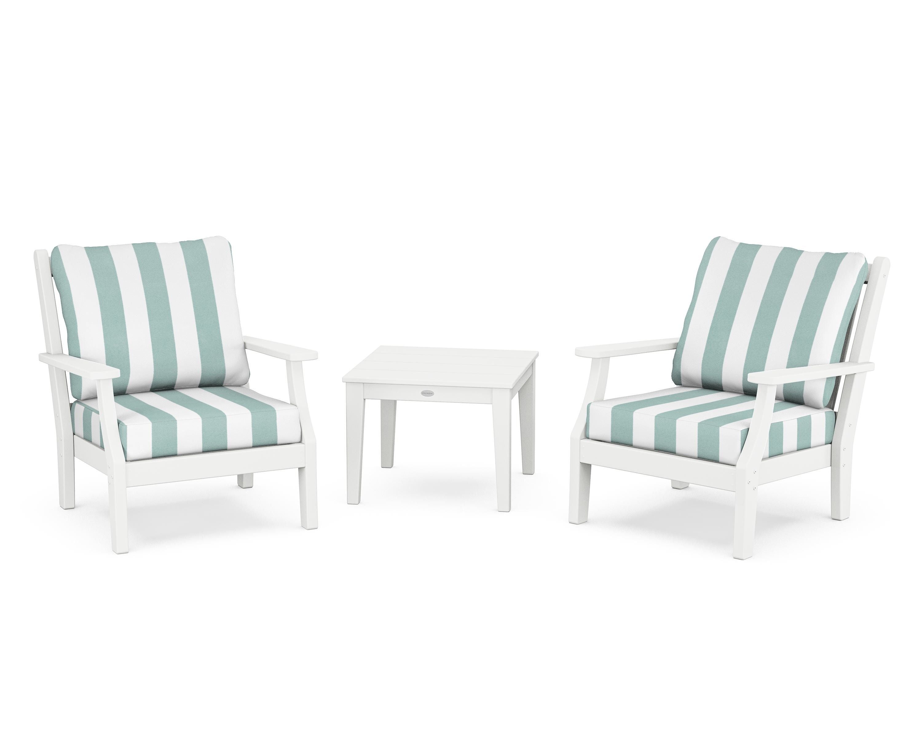 Country Living Wovendale 3-Piece Deep Seating Set in White / Cabana Stripe Glacier Spa