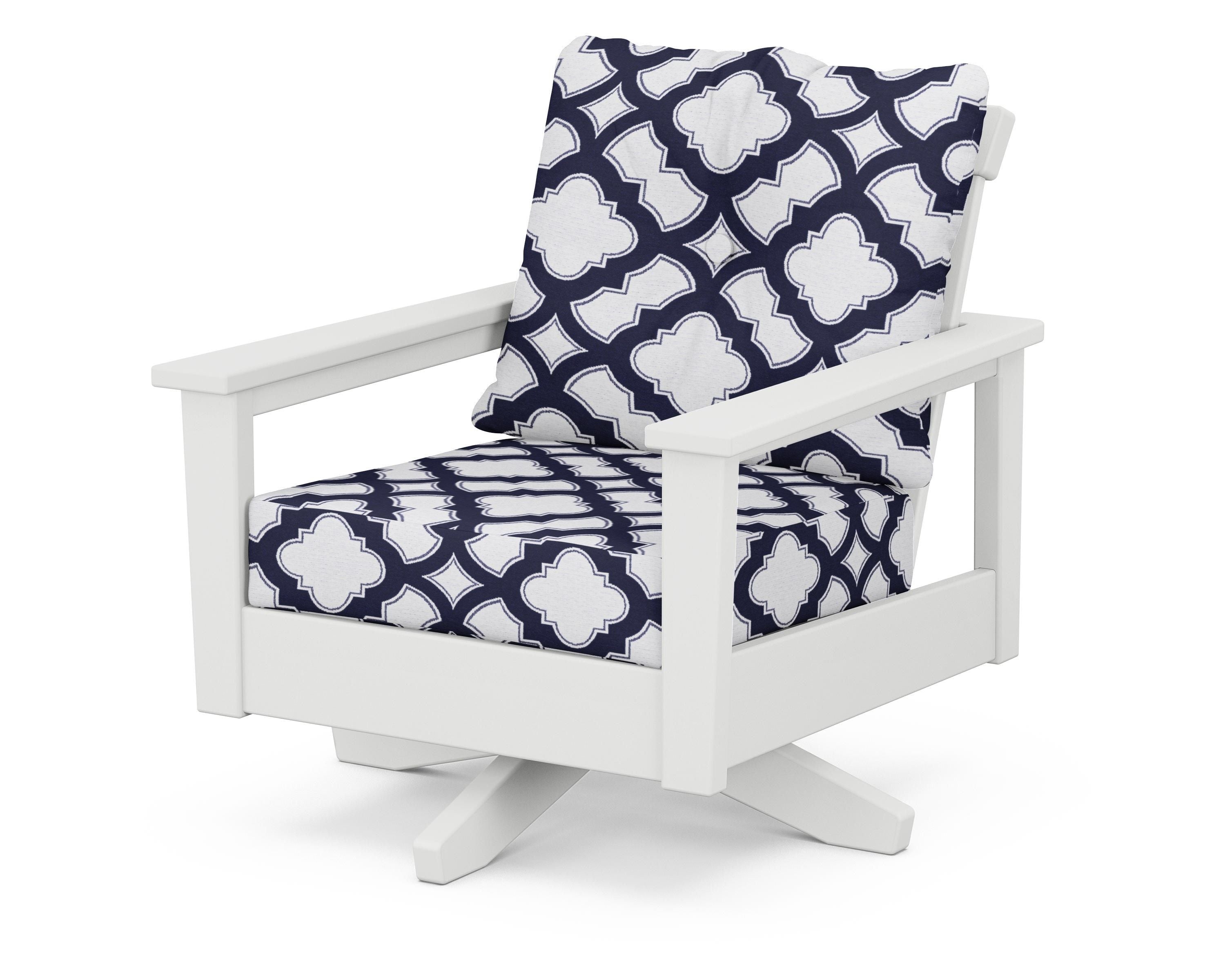 POLYWOOD® Prescott Deep Seating Swivel Chair in White / Trellis Navy