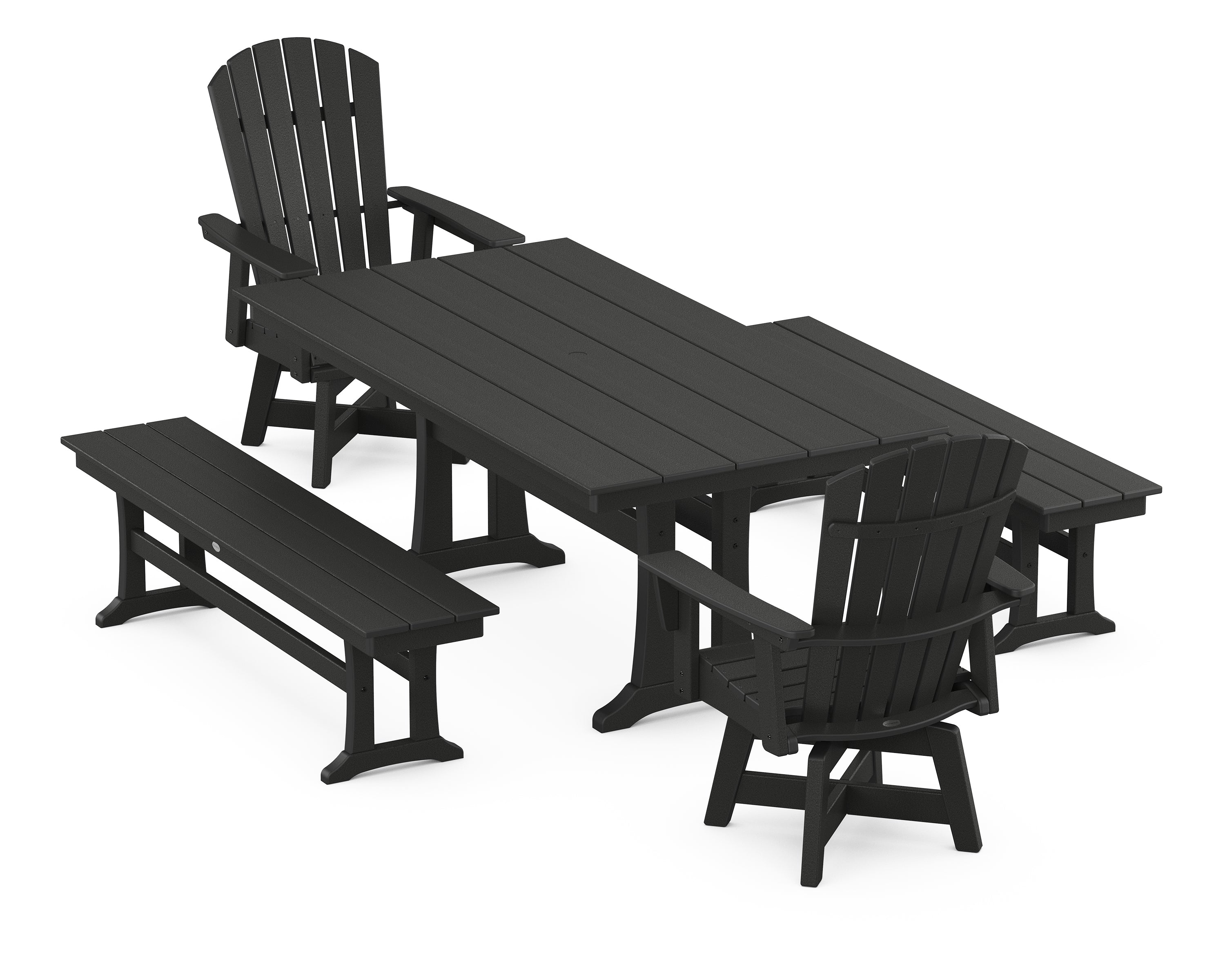 POLYWOOD® Nautical Curveback Adirondack Swivel Chair 5-Piece Farmhouse Dining Set With Trestle Legs and Benches in Black