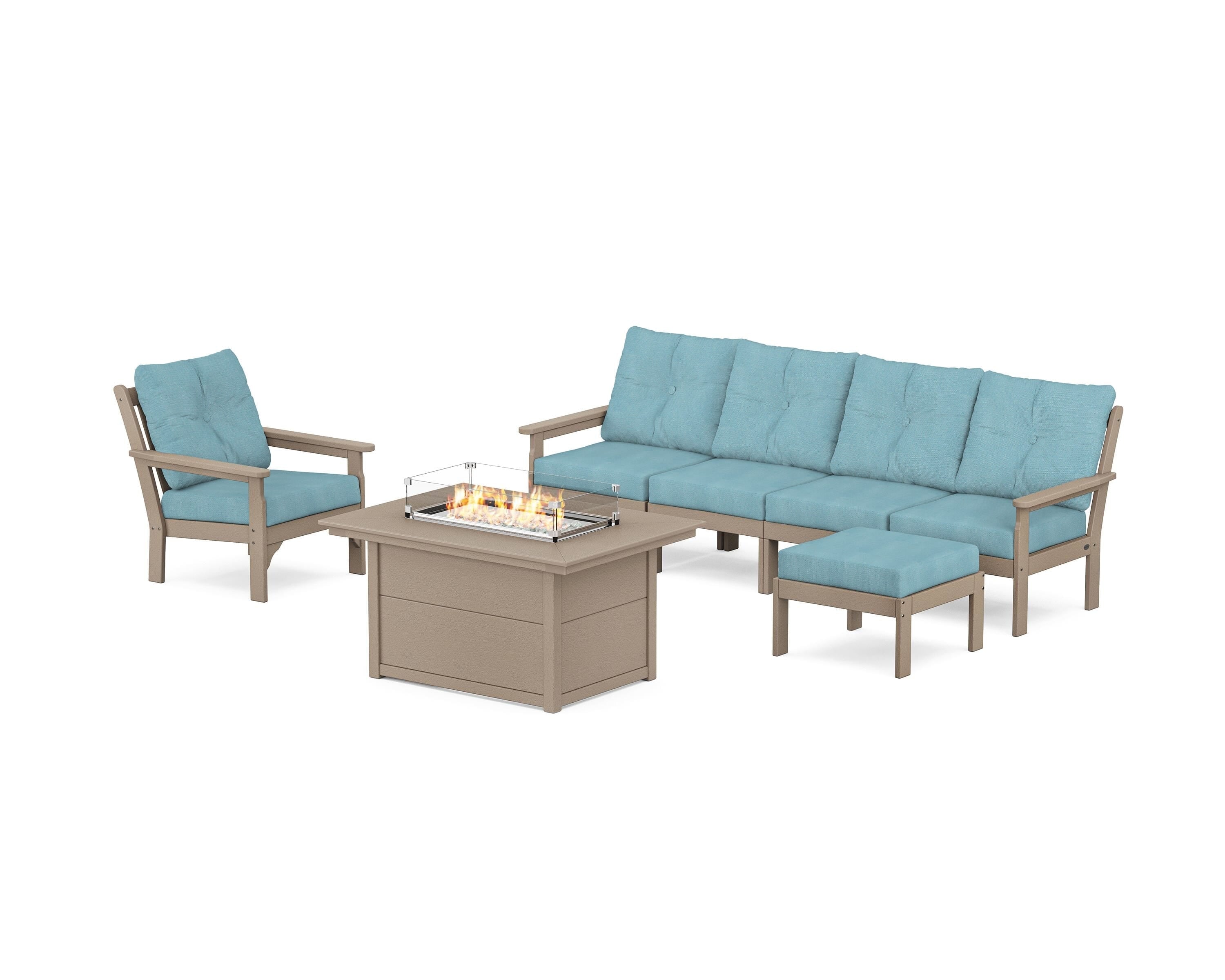 POLYWOOD® Vineyard Sectional Lounge and Fire Pit Set in Vintage Sahara / Lattice Sky Blue