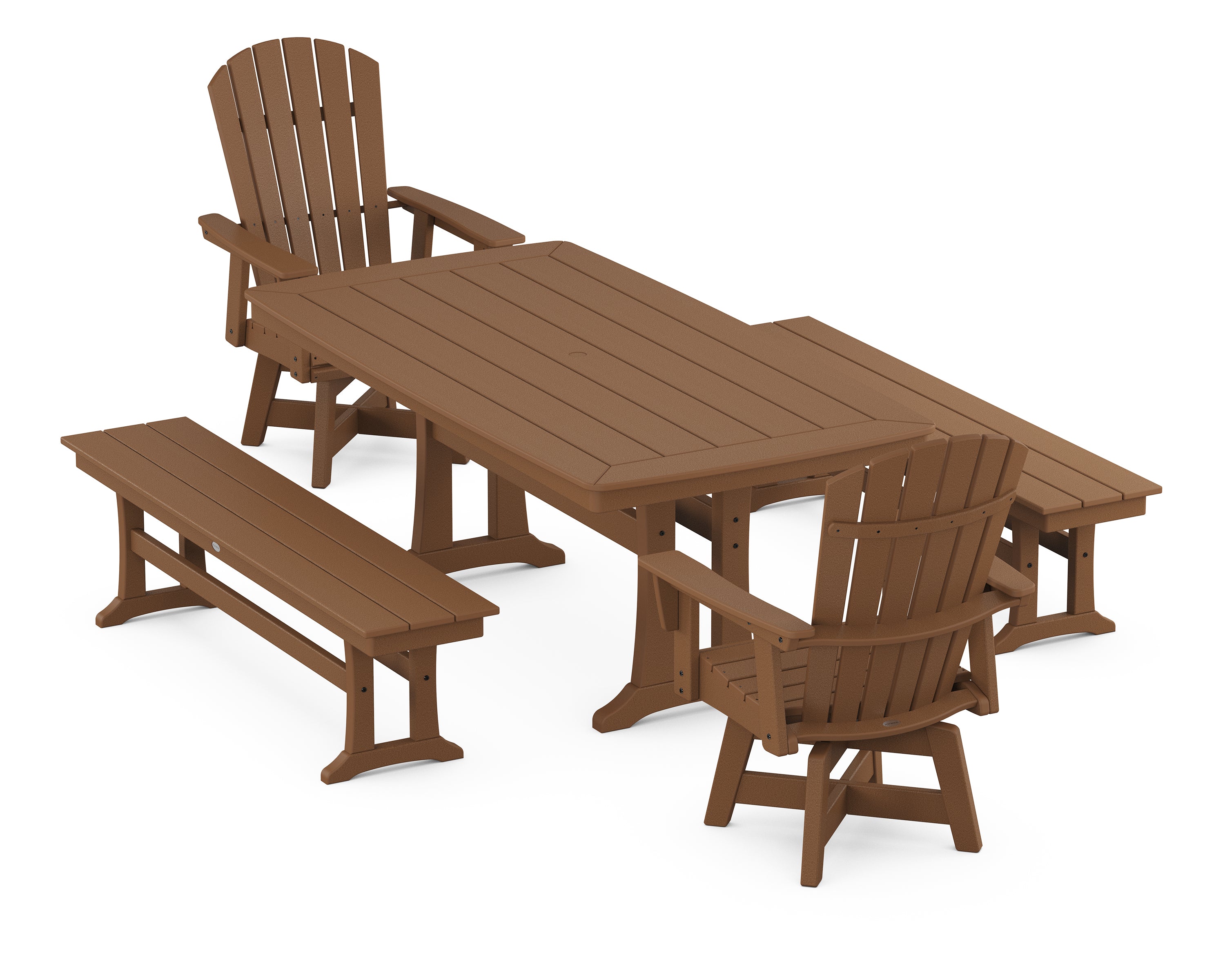 POLYWOOD® Nautical Curveback Adirondack Swivel Chair 5-Piece Dining Set with Trestle Legs and Benches in Teak
