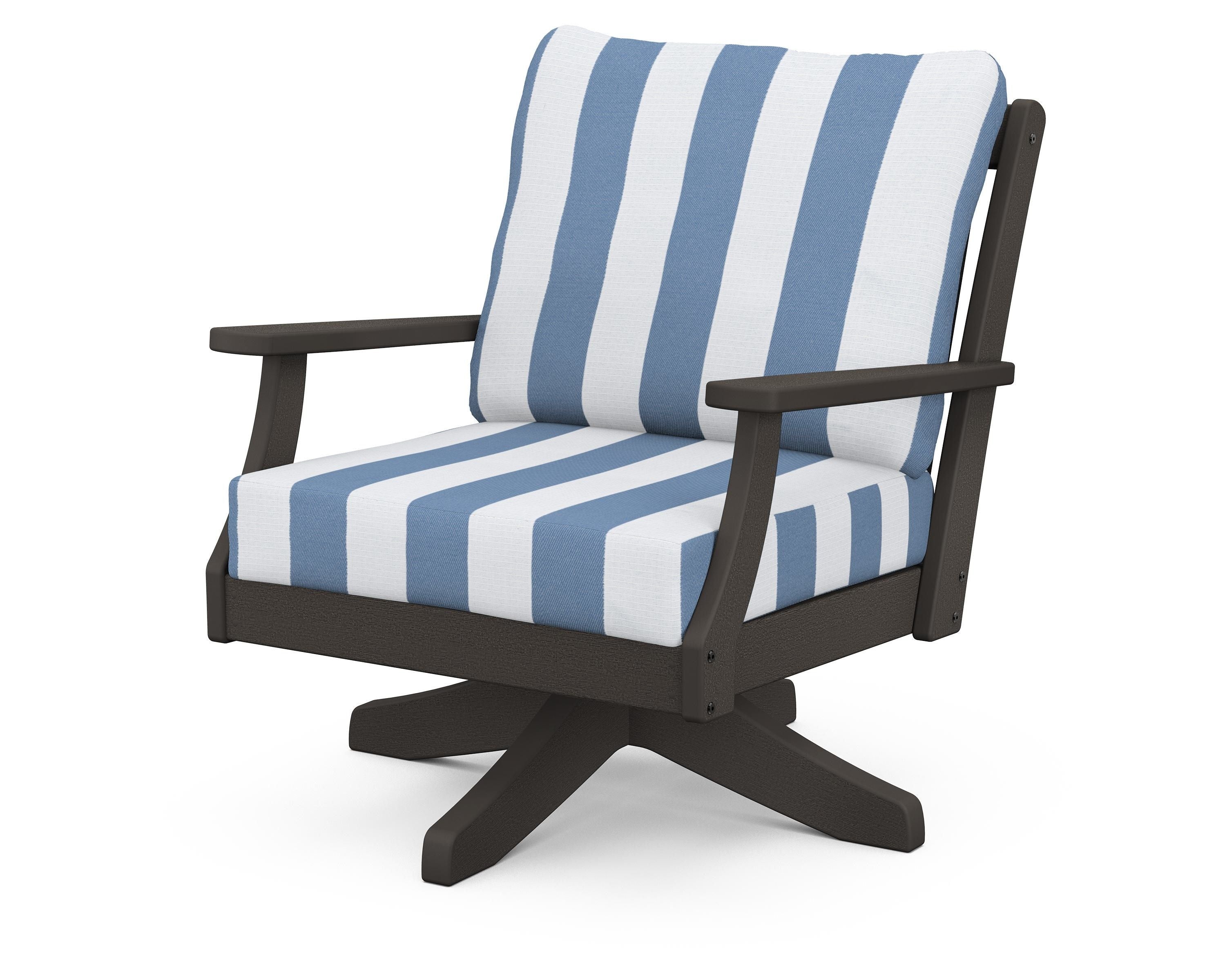 POLYWOOD® Braxton Deep Seating Swivel Chair in Vintage Coffee / Cabana Stripe Sky Blue