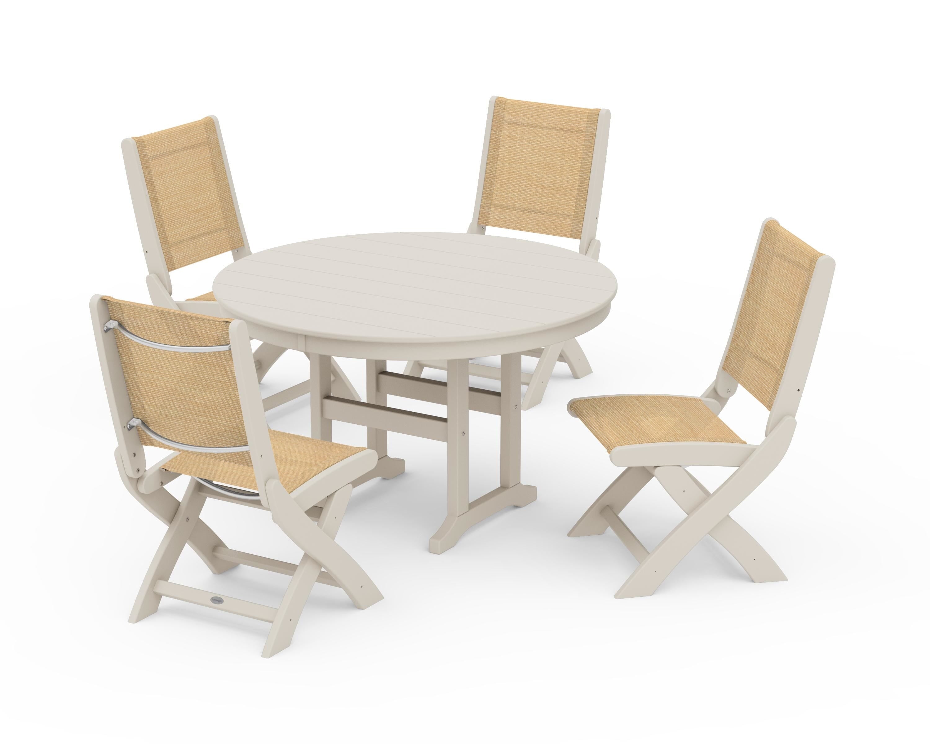 POLYWOOD® Coastal Folding Side Chair 5-Piece Round Dining Set in Sand / Dupioni Apricot Sling