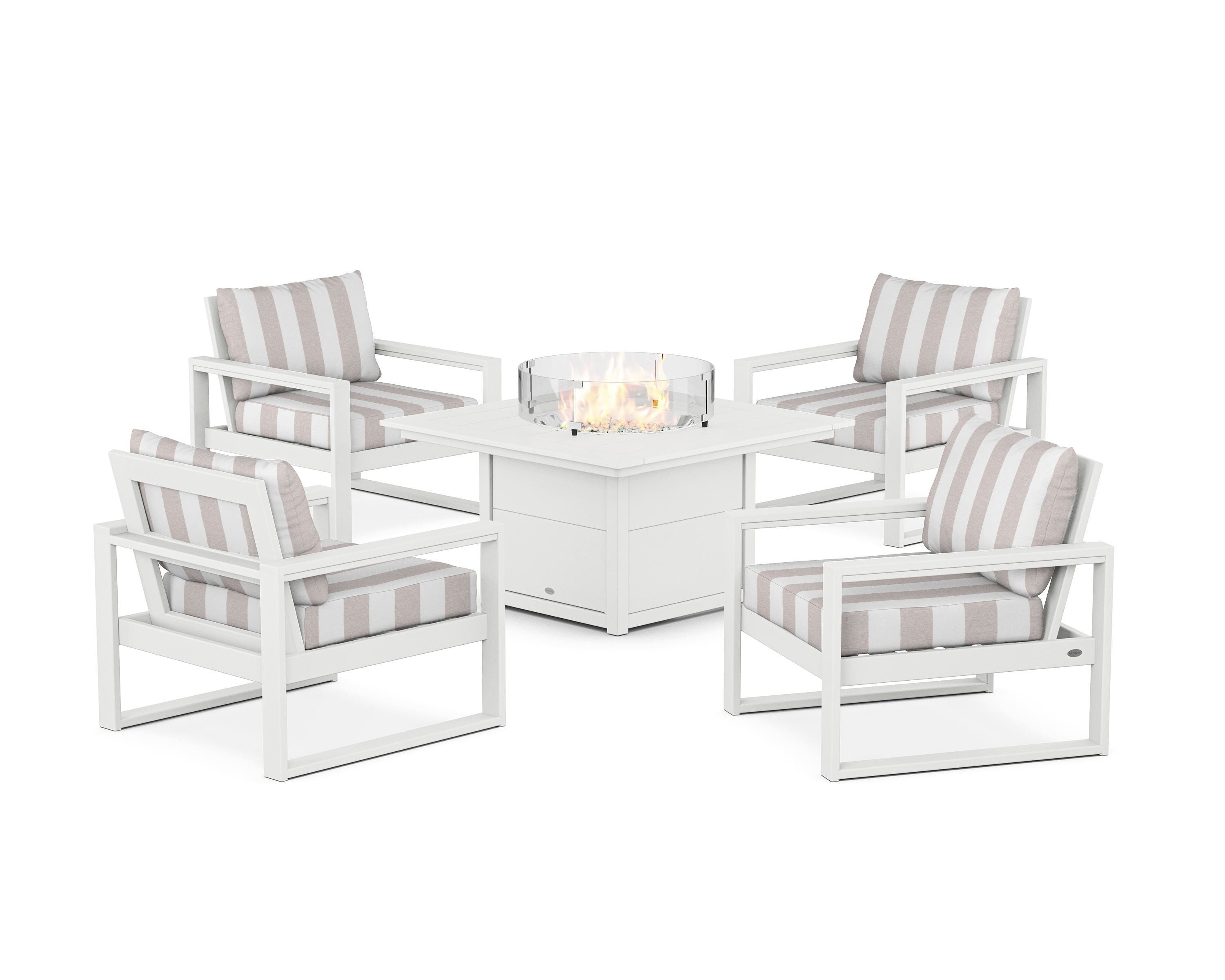 POLYWOOD® EDGE Sectional 5-Piece Deep Seating Set with Fire Pit Table in White / Cabana Stripe Dune Burlap