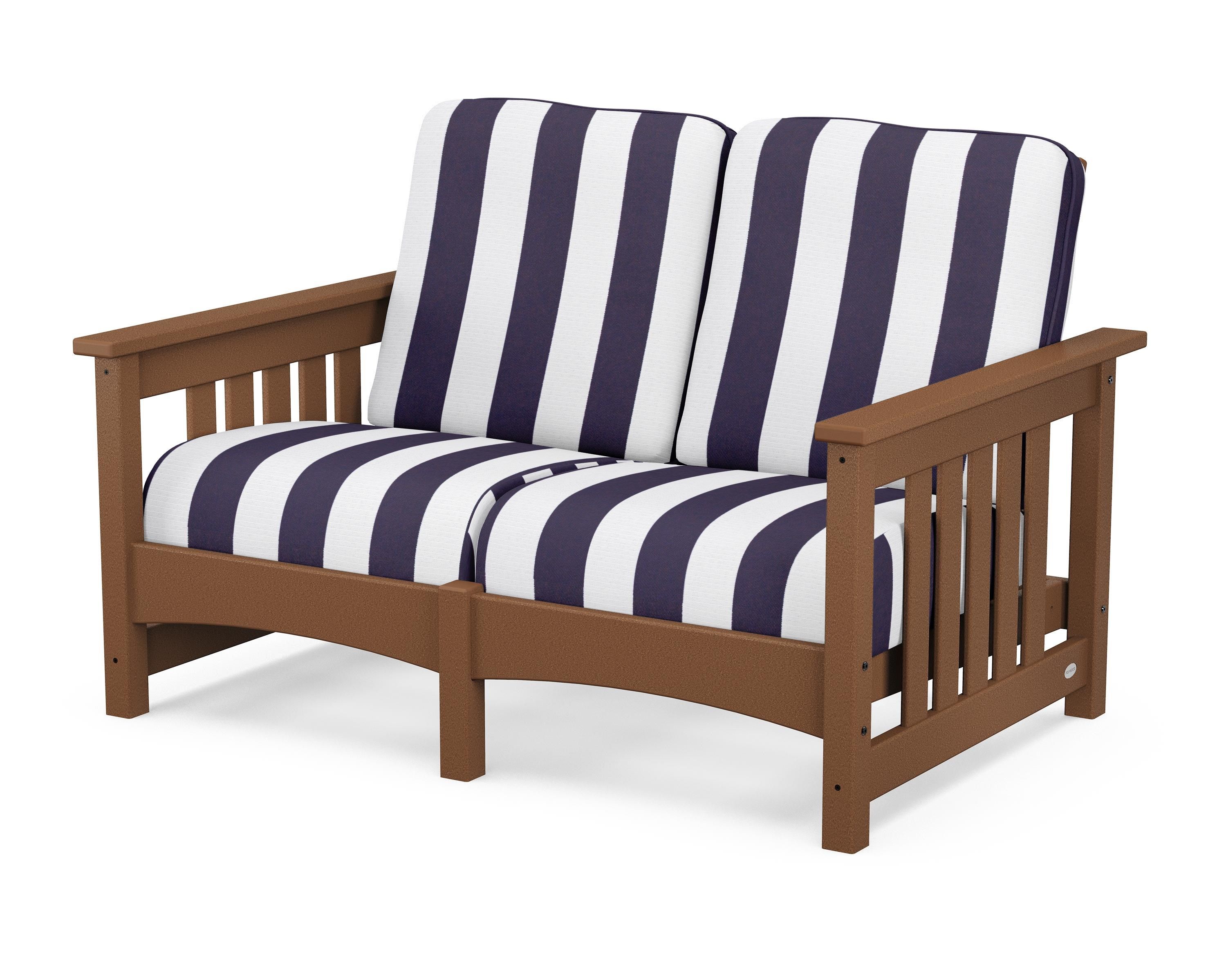 POLYWOOD® Club Mission Loveseat in Teak / Cabana Stripe Navy