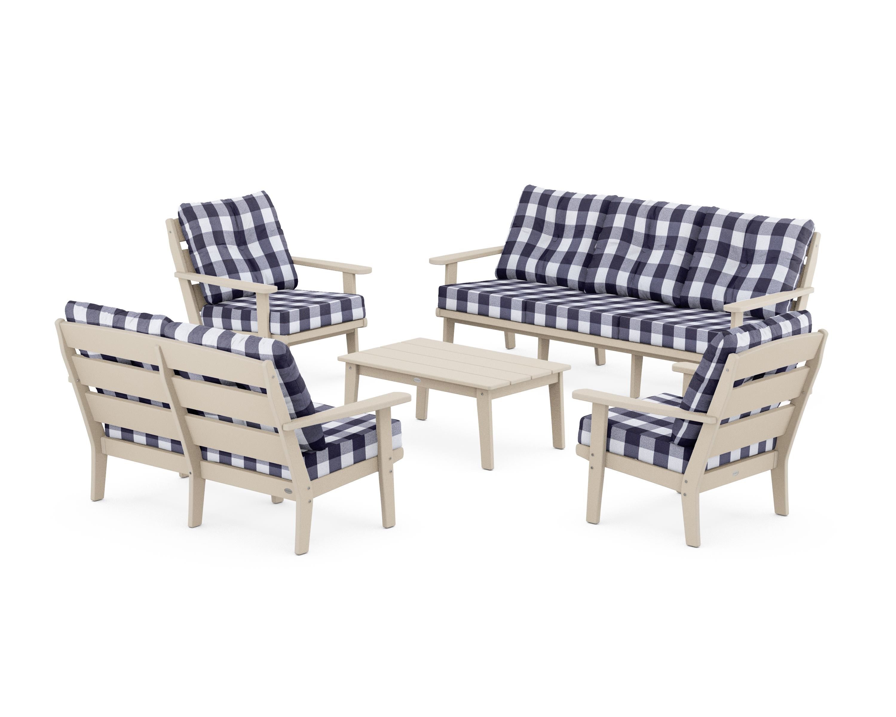 POLYWOOD® Lakeside 5-Piece Lounge Sofa Set in Sand / Buffalo Plaid Navy