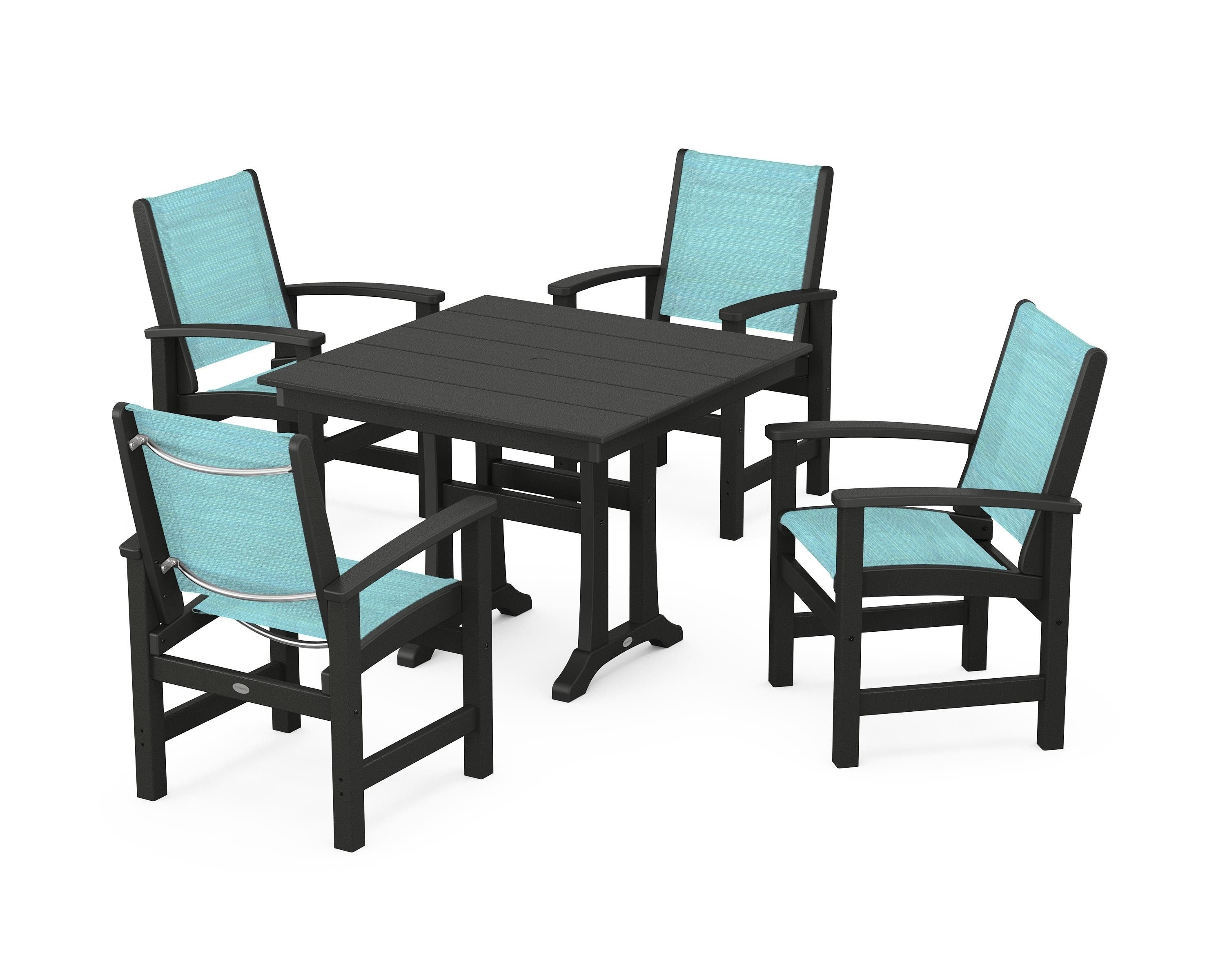 POLYWOOD® Coastal 5-Piece Farmhouse Dining Set With Trestle Legs in Black / Dupioni Aquamarine Sling