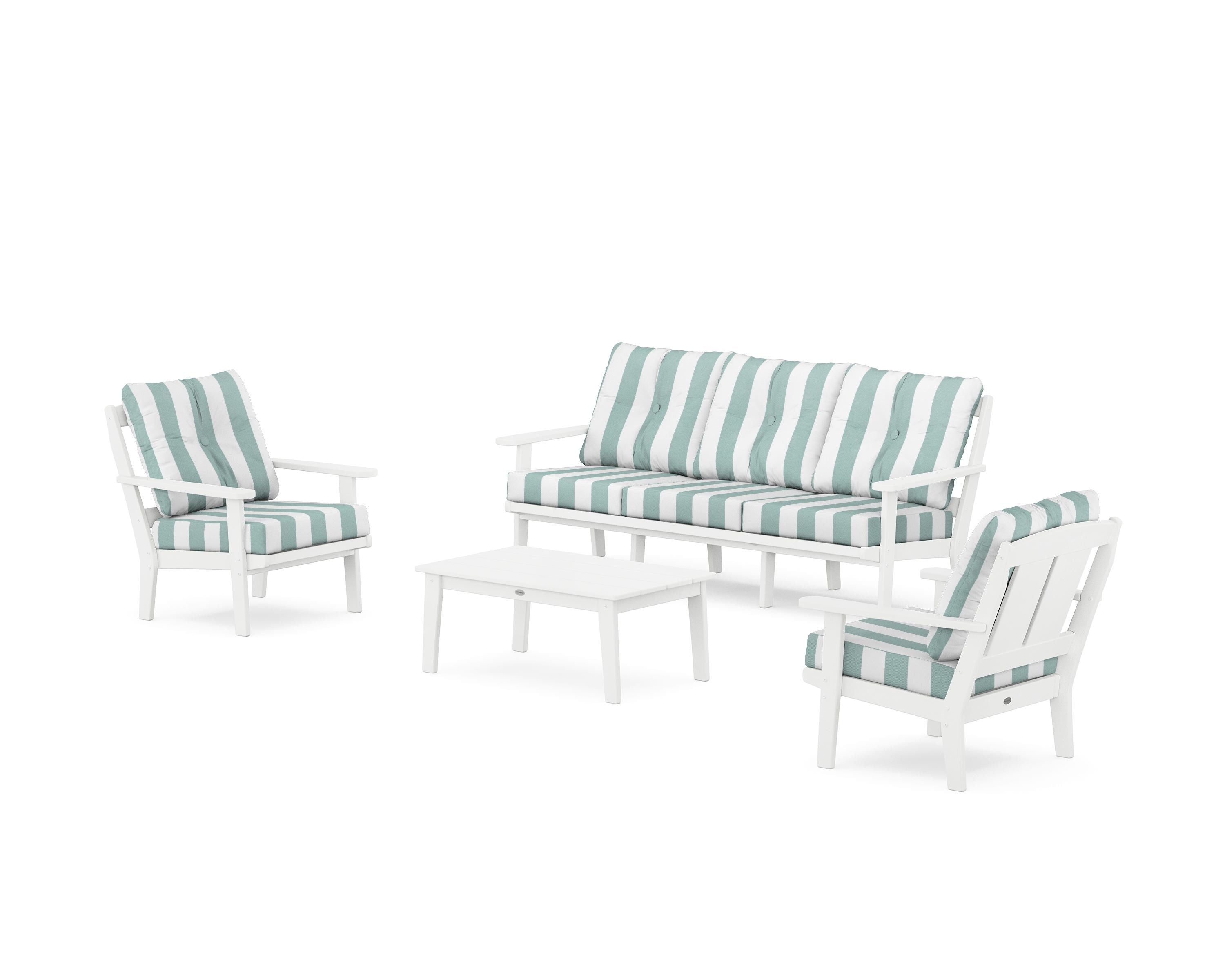 POLYWOOD® Mission 4-Piece Deep Seating Set with Sofa in White / Cabana Stripe Glacier Spa