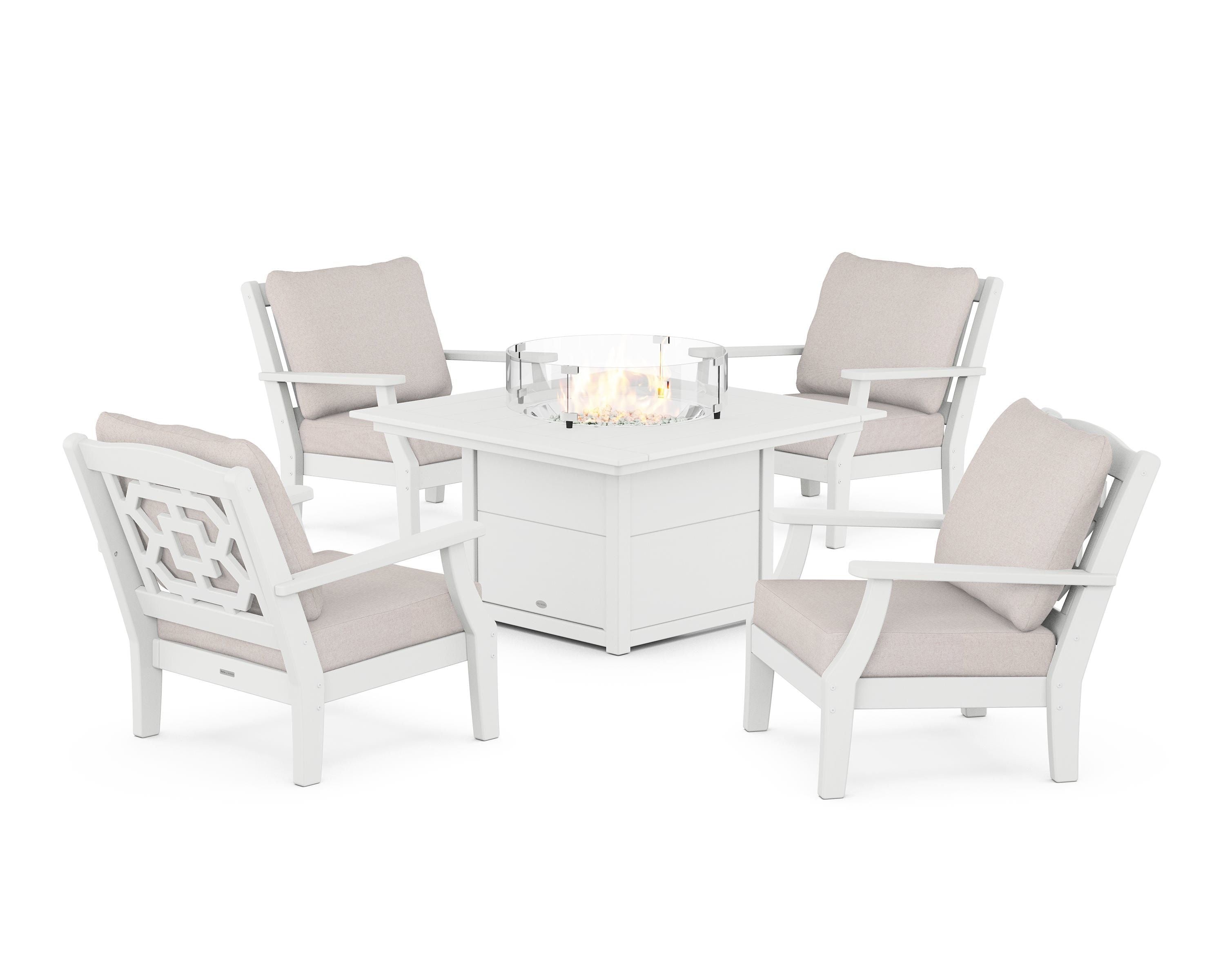 Martha Stewart by POLYWOOD® Chinoiserie 5-Piece Deep Seating Set with Fire Pit Table in White / Dune Burlap