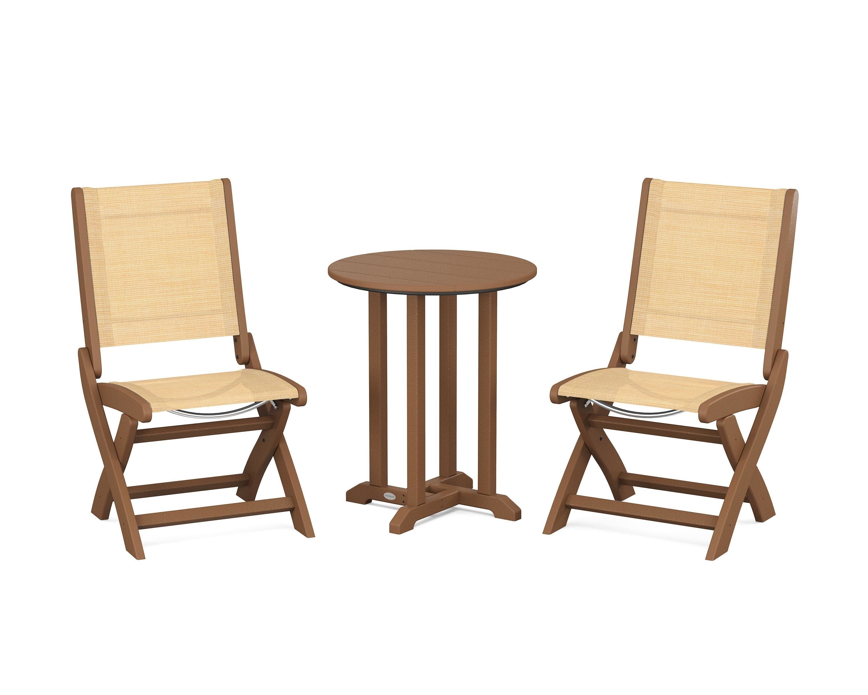 POLYWOOD® Coastal Folding Side Chair 3-Piece Round Bistro Dining Set in Teak / Dupioni Apricot Sling