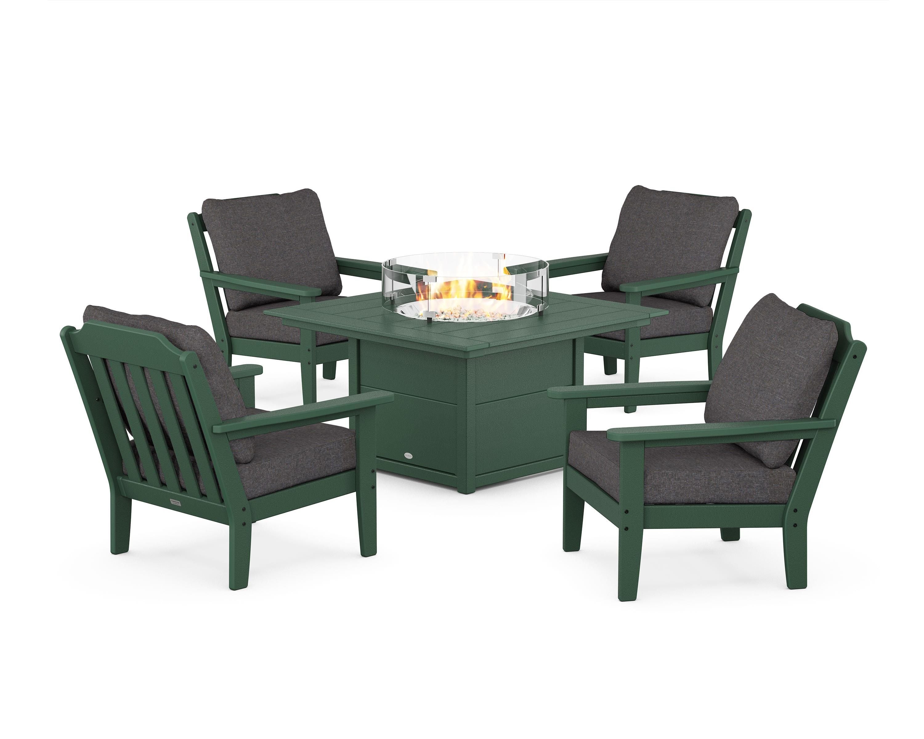 Country Living Cottage 5-Piece Deep Seating Set with Fire Pit Table in Green / Ash Charcoal