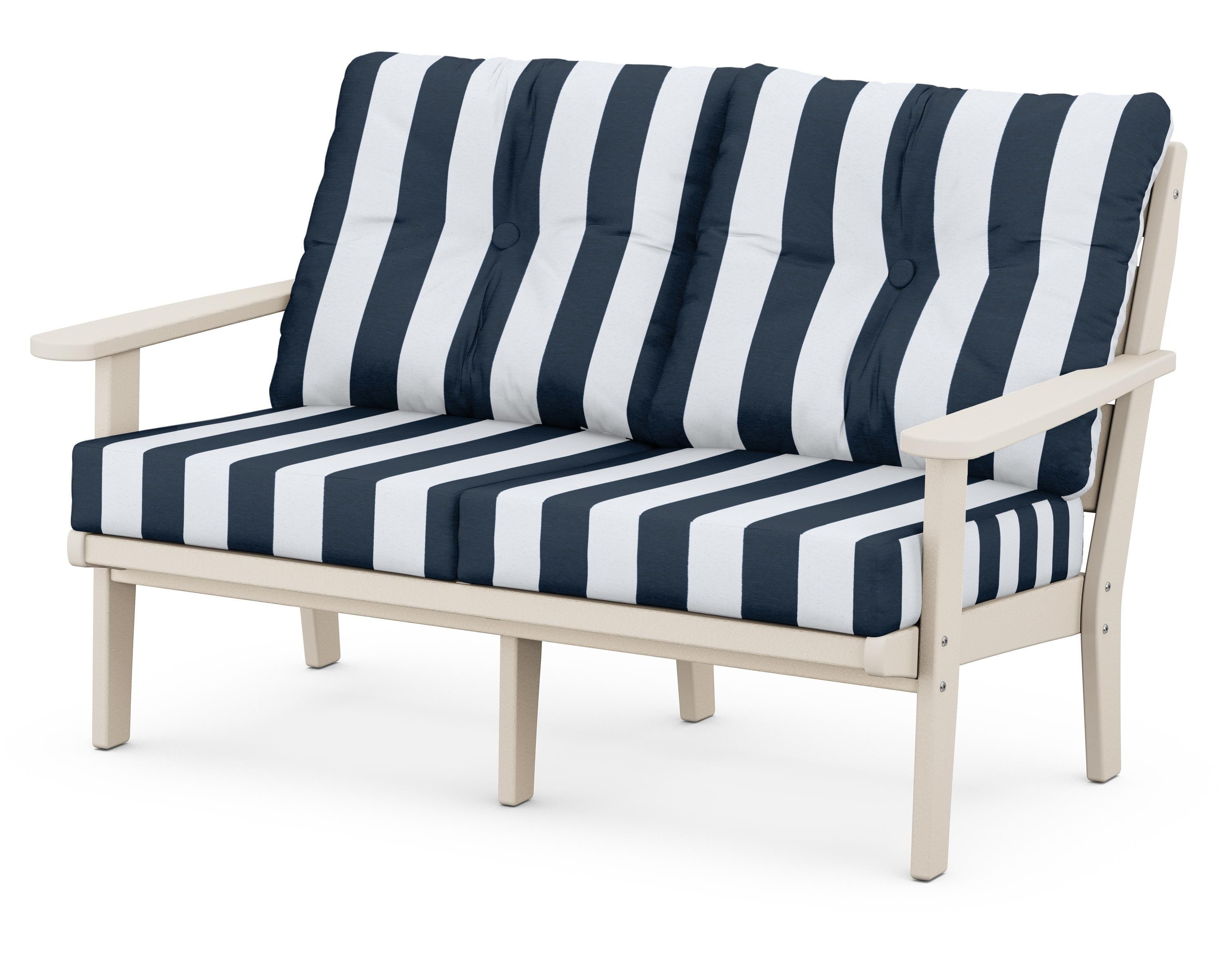 POLYWOOD® Lakeside Deep Seating Loveseat in Sand / Cabana Stripe Marine Indigo