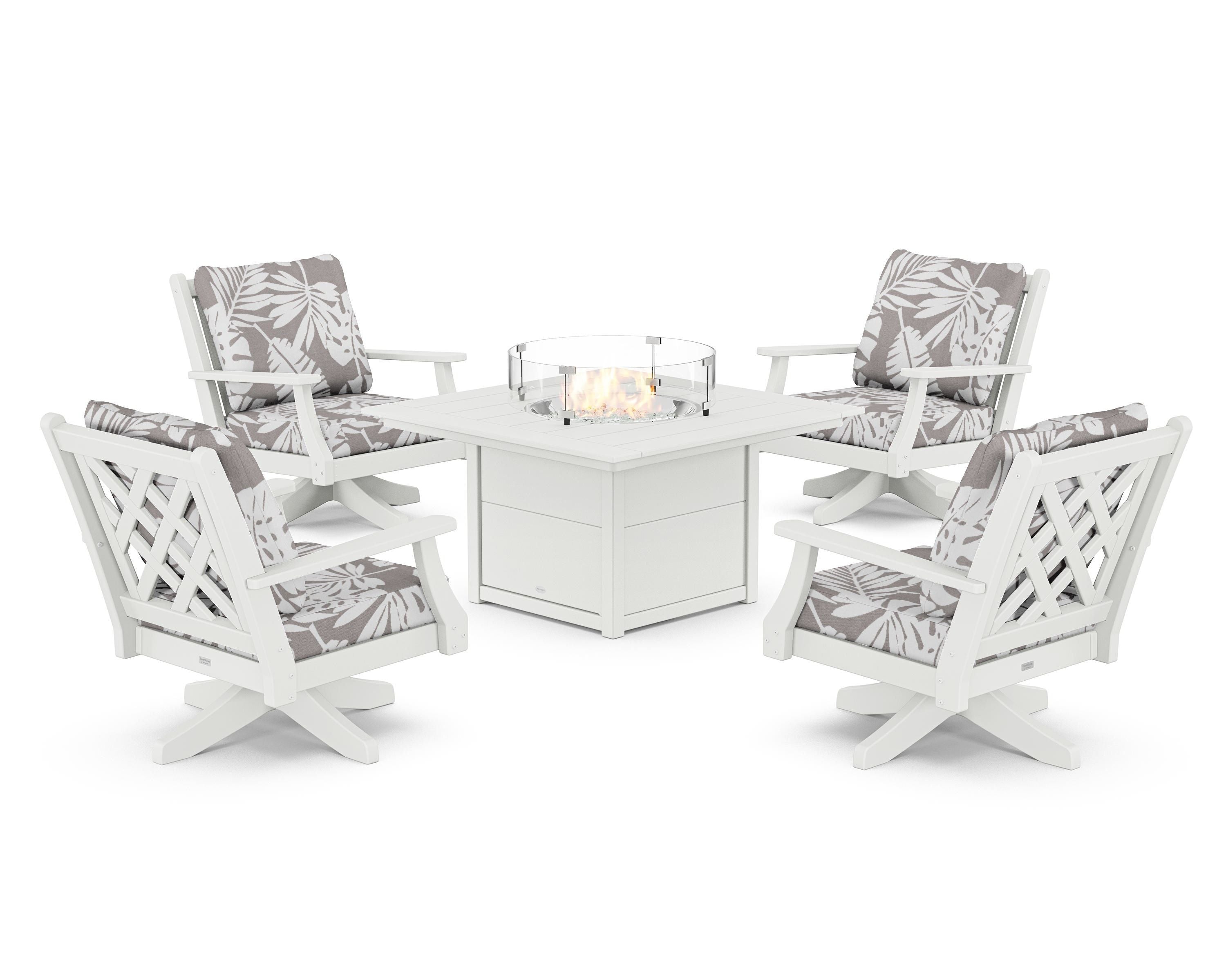 Country Living Wovendale 5-Piece Deep Seating Swivel Conversation Set with Fire Pit Table in White / Leaf Grey Mist