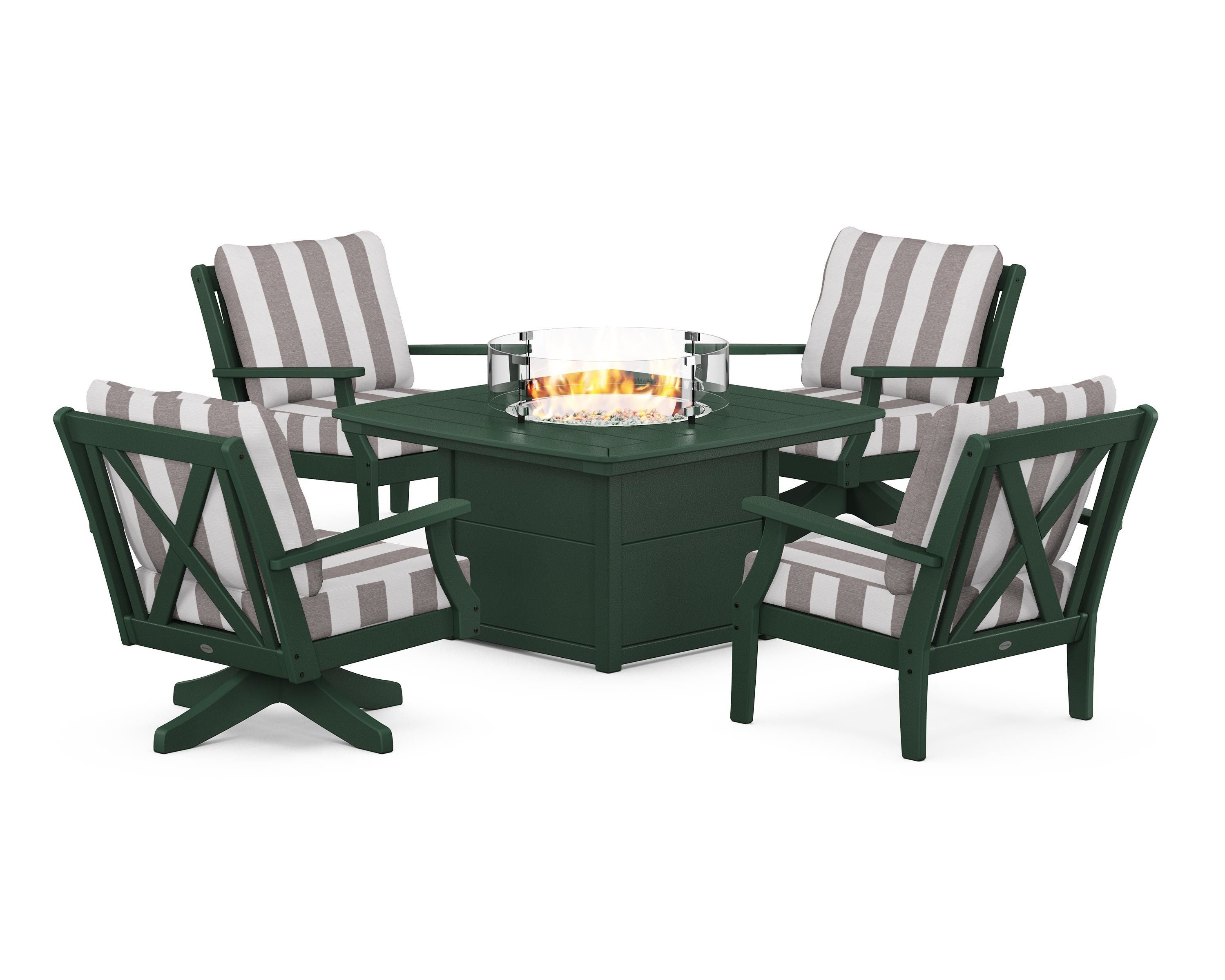 POLYWOOD® Braxton 5-Piece Deep Seating Set with Fire Table in Green / Cabana Stripe Grey Mist