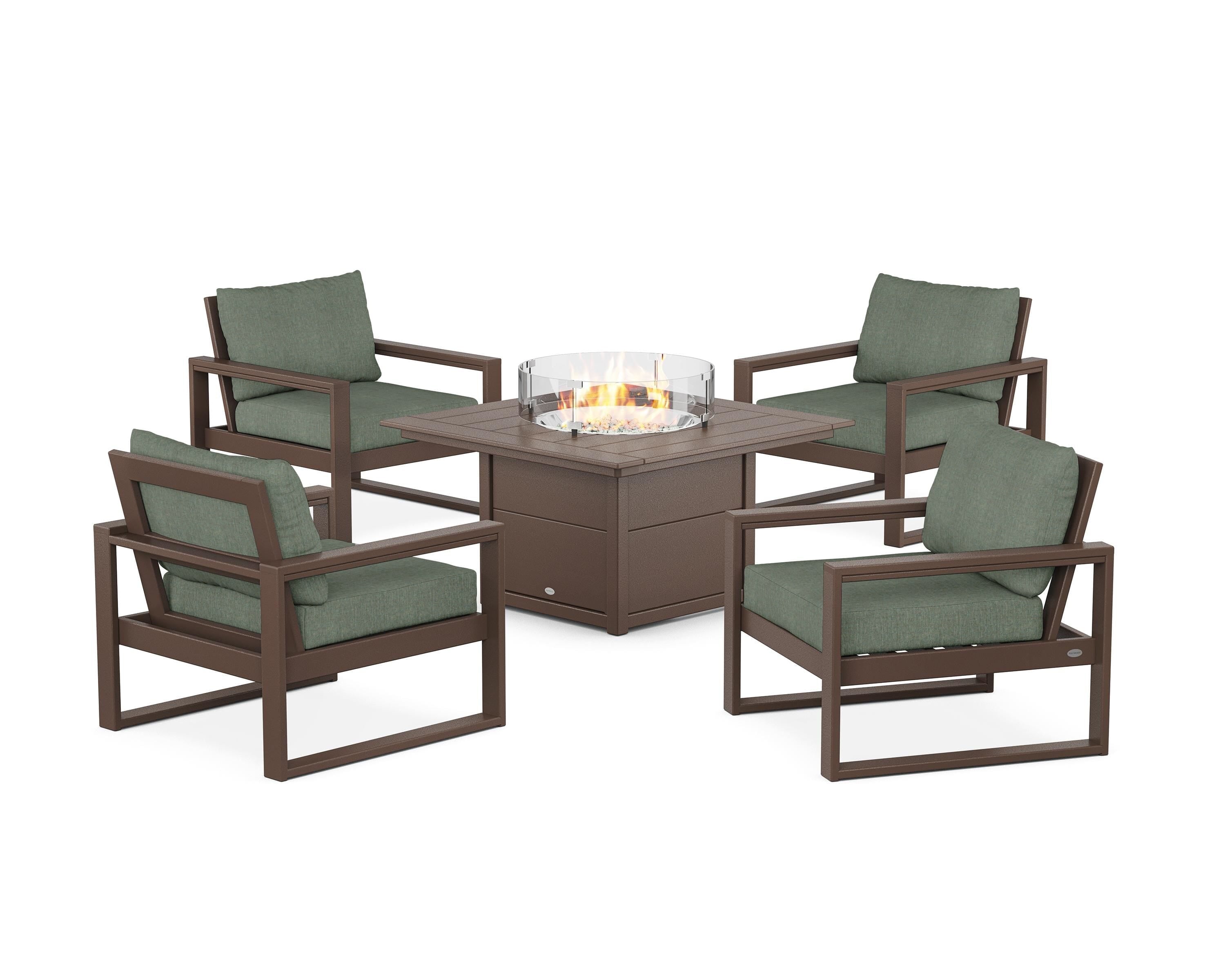 POLYWOOD® EDGE Sectional 5-Piece Deep Seating Set with Fire Pit Table in Mahogany / Cast Sage