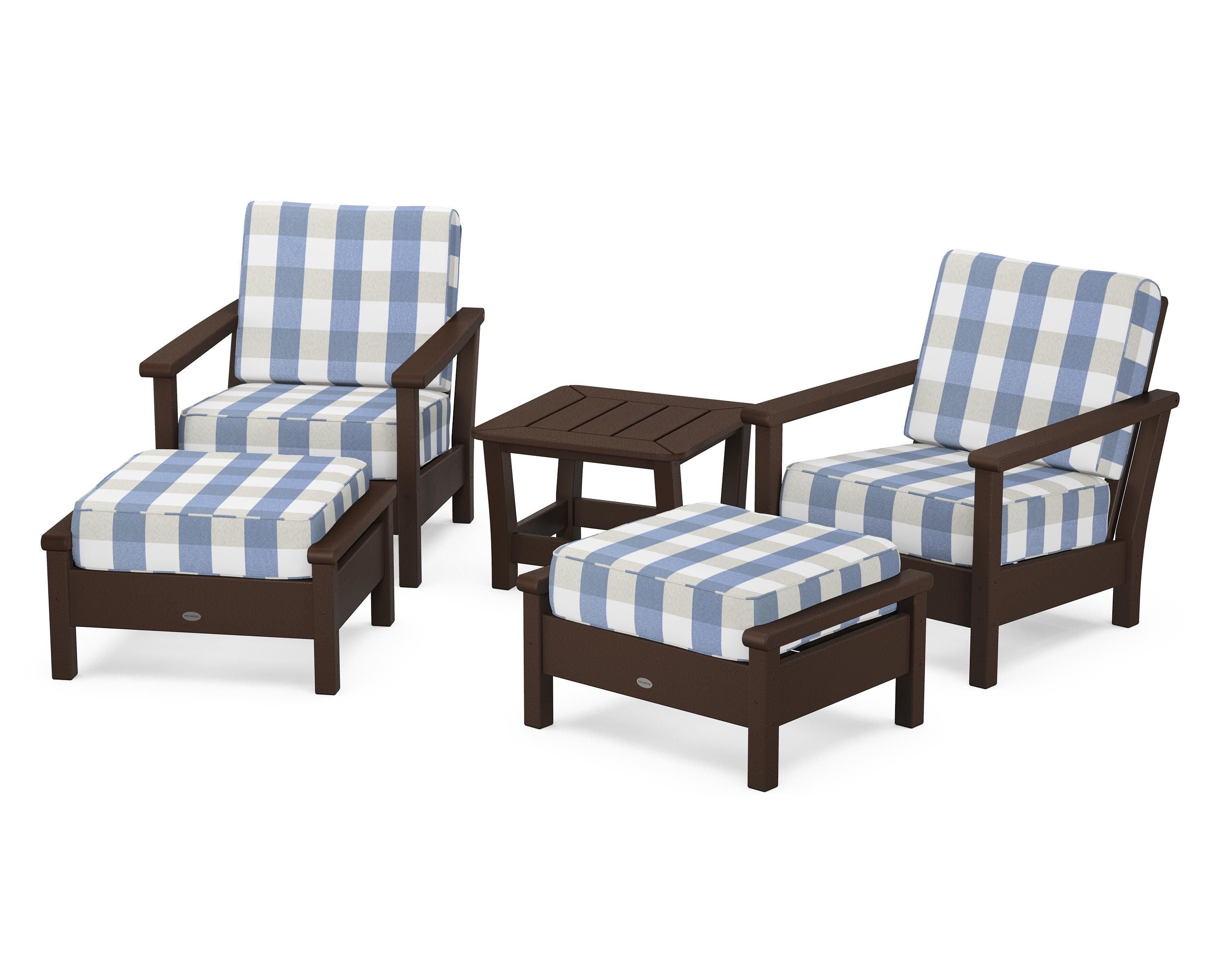 POLYWOOD® Harbour 5-Piece Deep Seating Chair Set in Mahogany / Buffalo Plaid Sky Blue