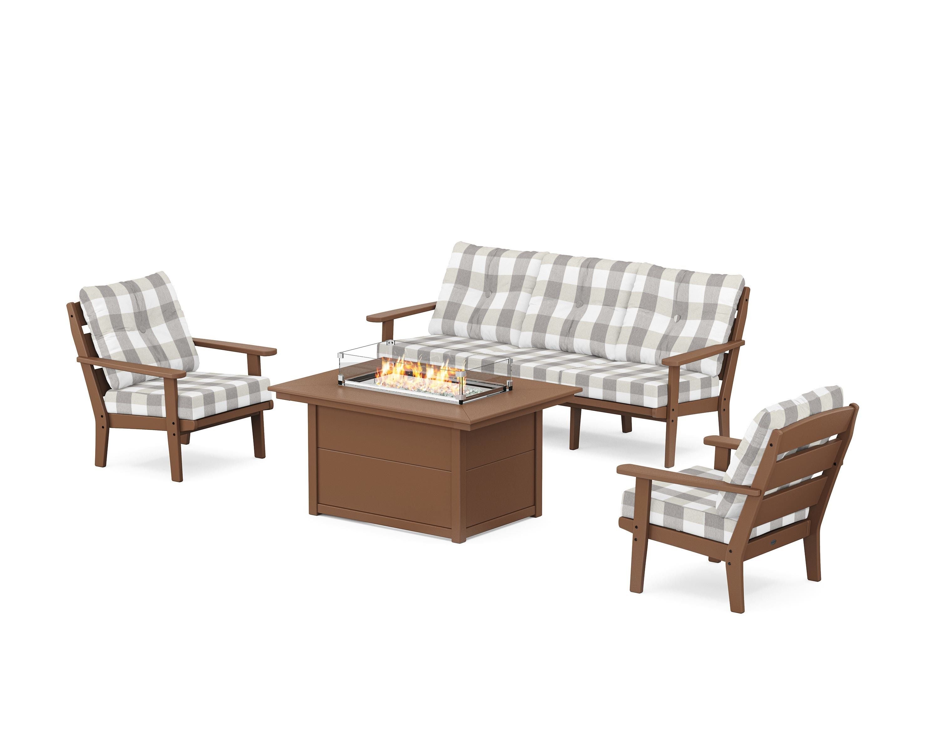 POLYWOOD® Lakeside Deep Seating Fire Pit Table Set in Teak / Buffalo Plaid Grey Mist