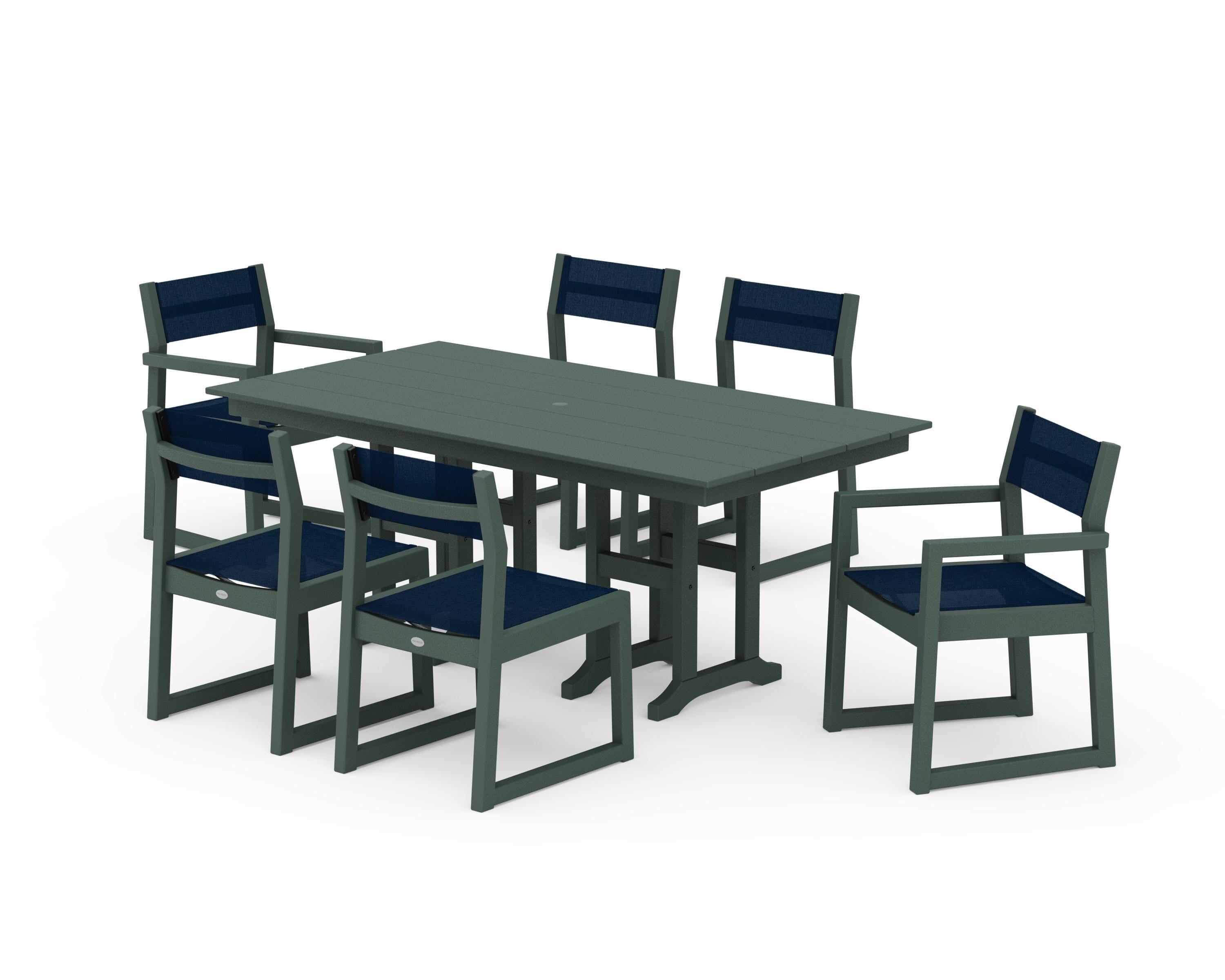 POLYWOOD® EDGE Sling 7-Piece Farmhouse Dining Set in Green / Navy Blue Sling