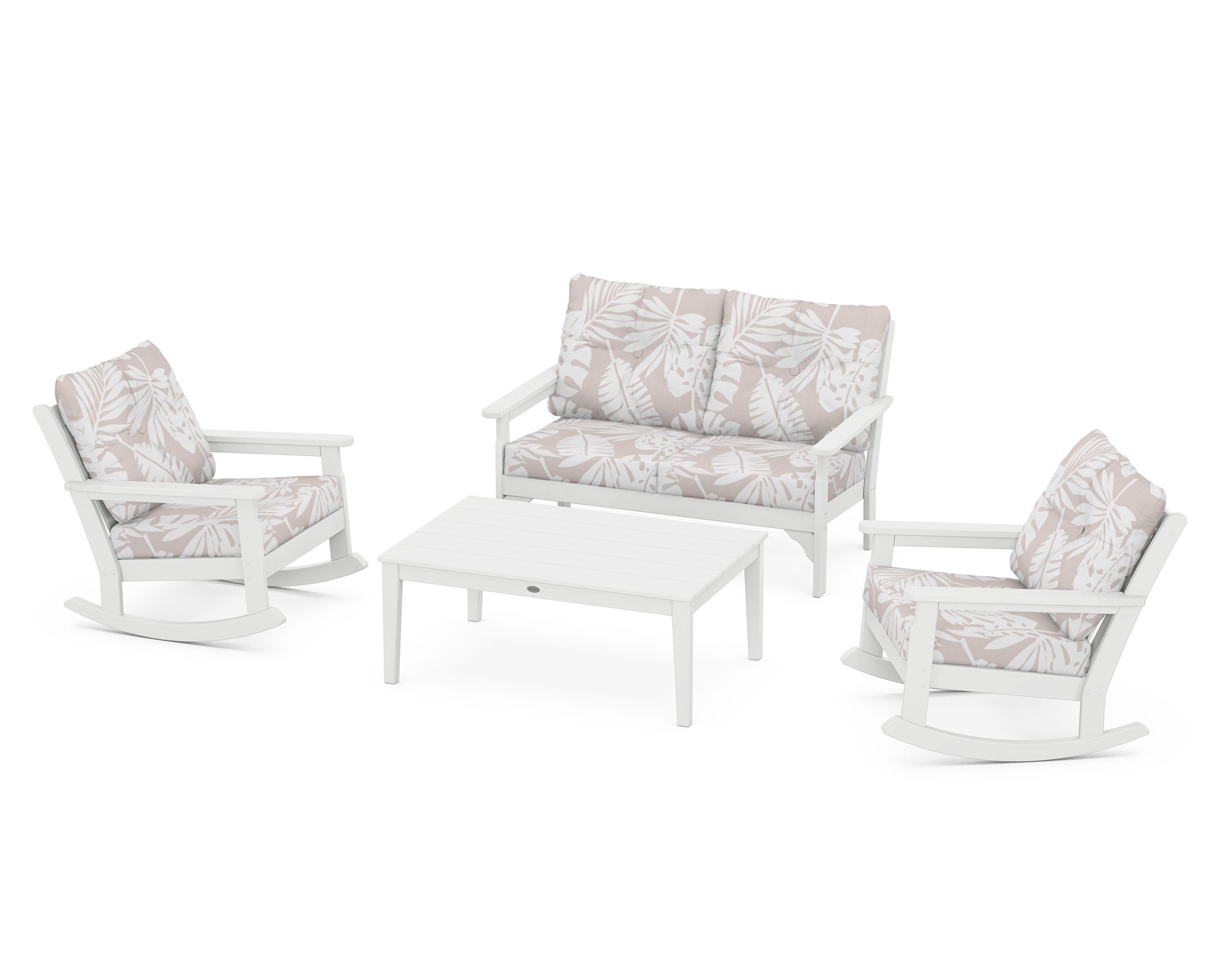 POLYWOOD® Vineyard 4-Piece Deep Seating Rocking Chair Set in White / Leaf Dune Burlap