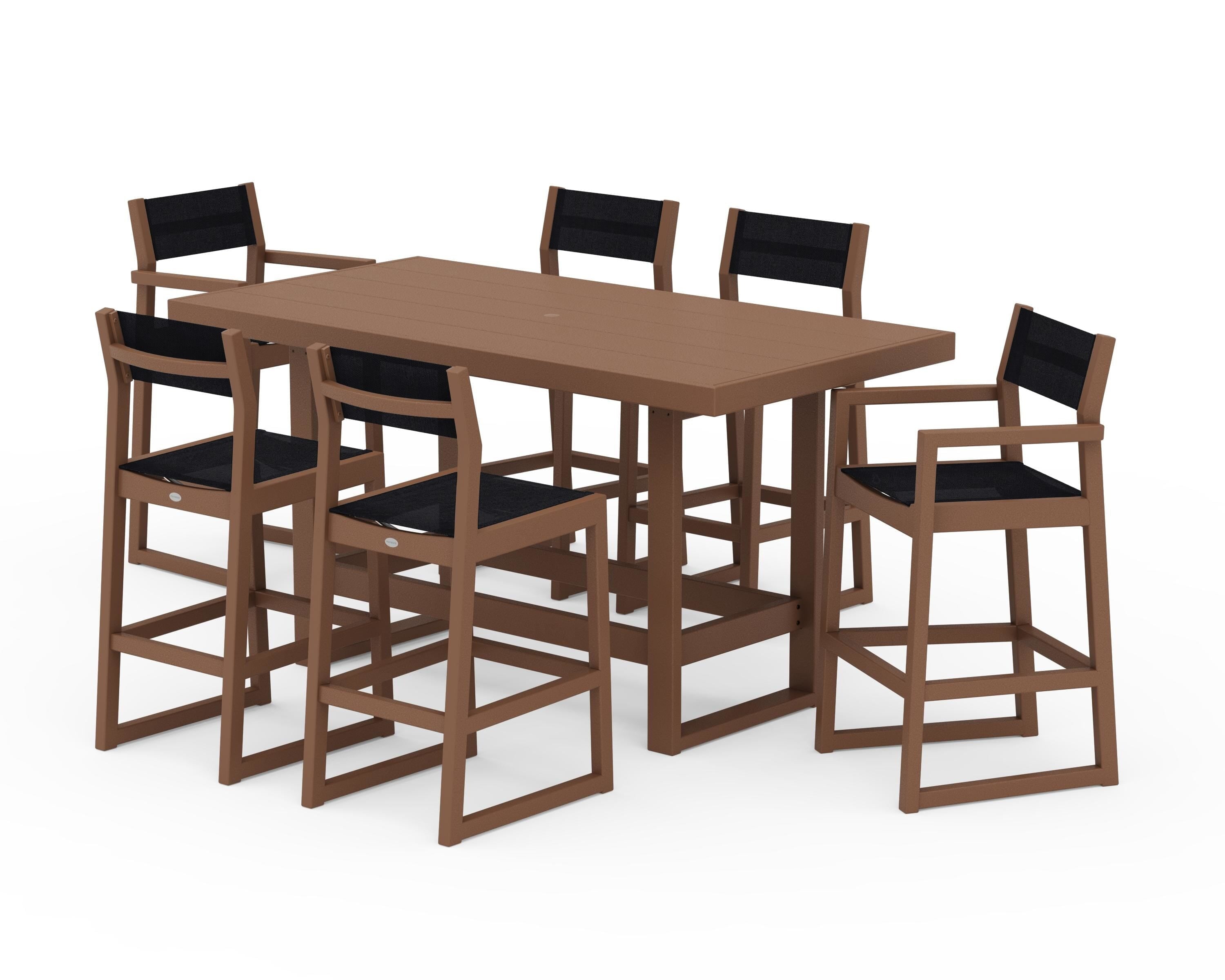 POLYWOOD® EDGE Sling 7-Piece Bar Table Set in Teak / Black Sling